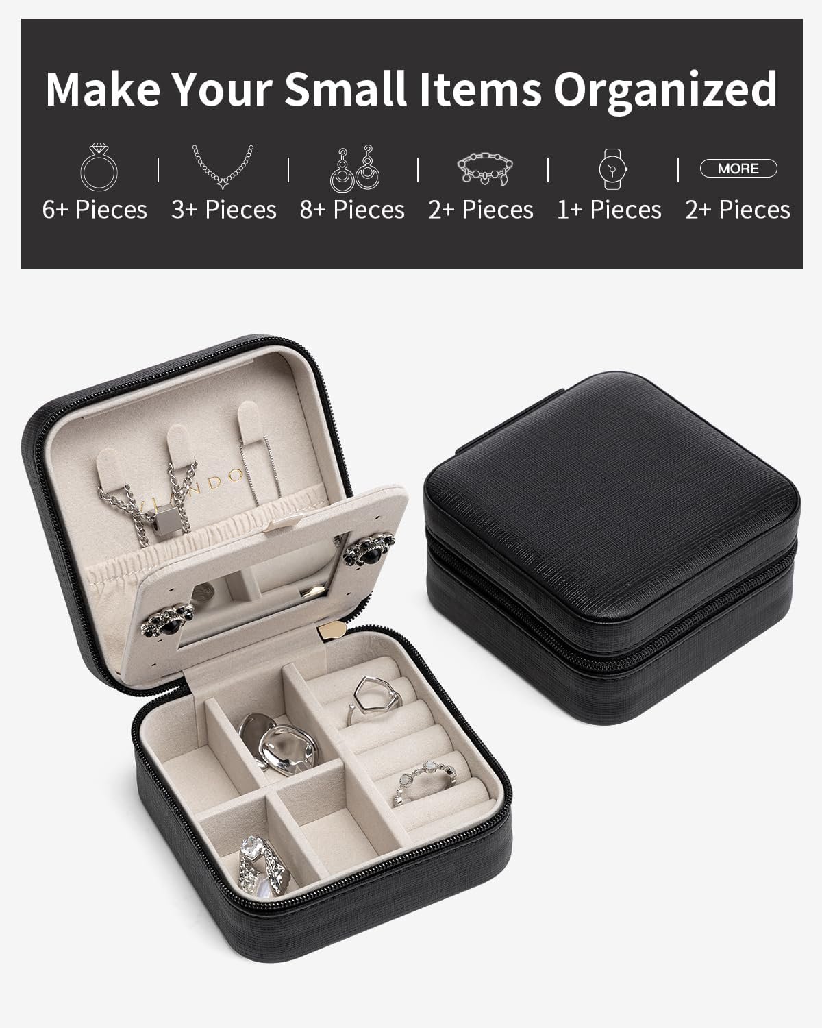 Private Label Small Travel Jewelry Case Custom Logo Organizer Box with Mirror for Women and Girls Black Manufacturer