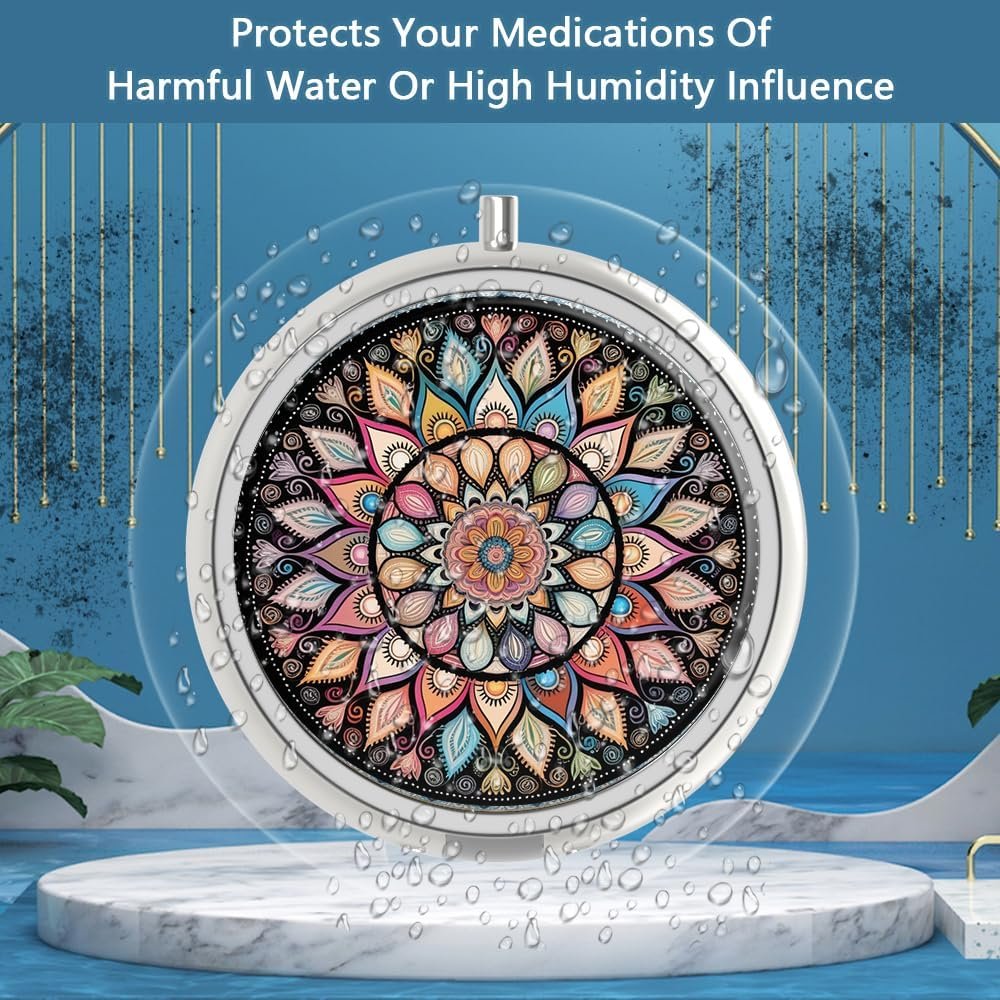 Private Label 3 Compartment Small Portable Pill Box for Pocket Purse Custom Logo Pill Organizer Vitamins Medication Fish Oil Supplements Colorful Mandala Manufacturer