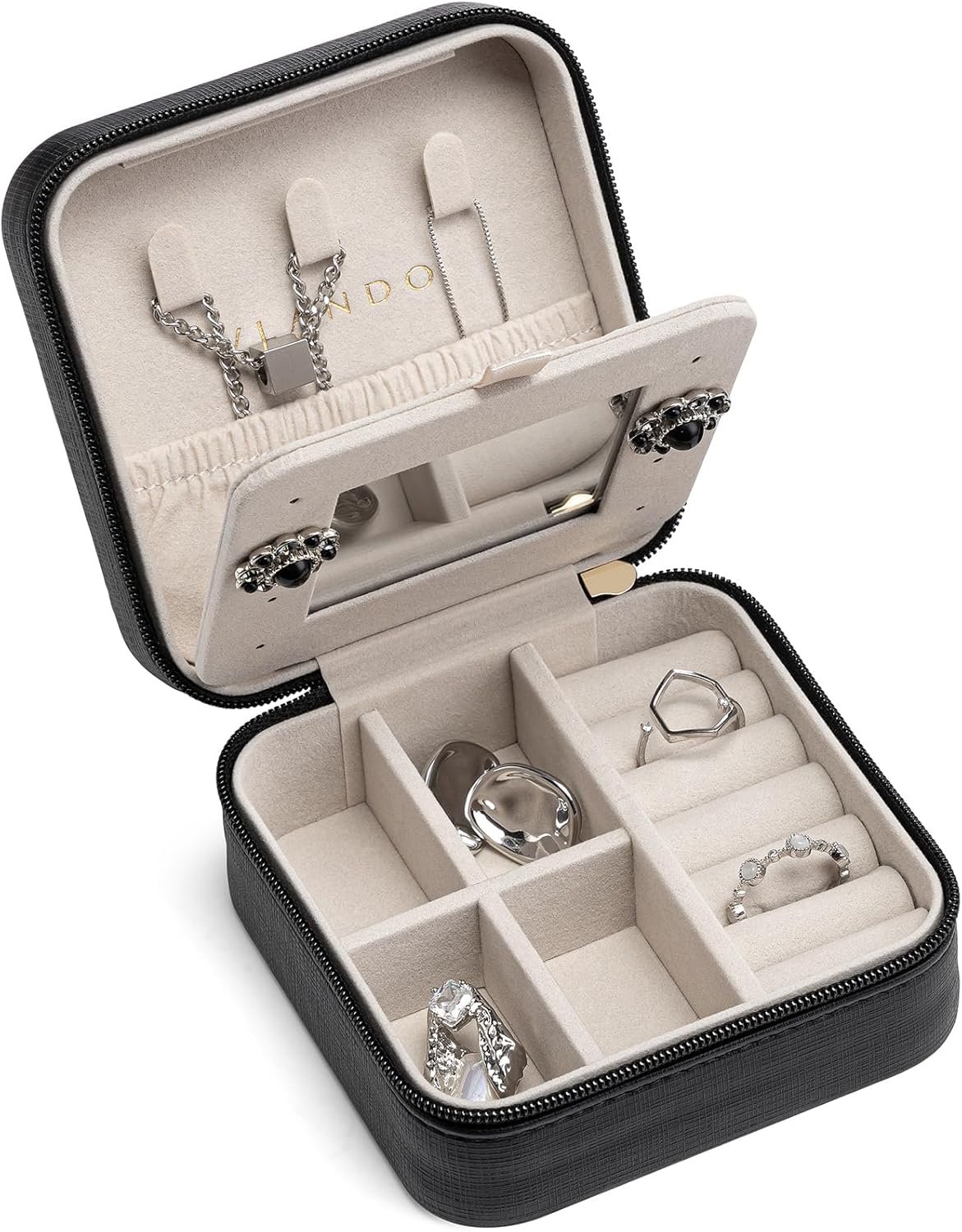 Private Label Small Travel Jewelry Case Custom Logo Organizer Box with Mirror for Women and Girls Black Manufacturer