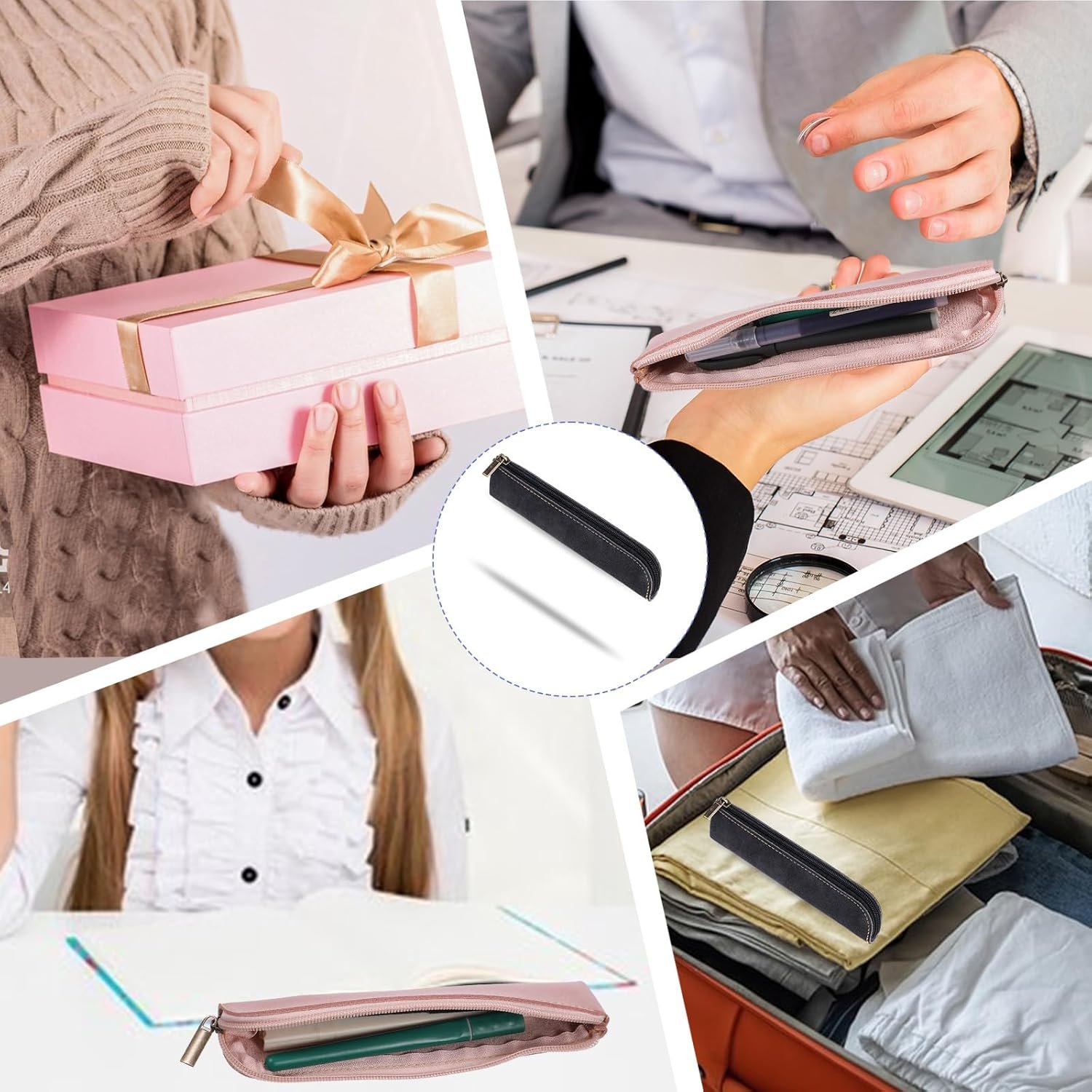 Custom Logo Leather Pencil Pouch 2 Pcs Slim Portable Small Pencil Case Soft Flat Pen Bag with Zipper Private Label Makeup Lipstick Case for Women Men Home Office Travel Manufacturer (Black Pink)