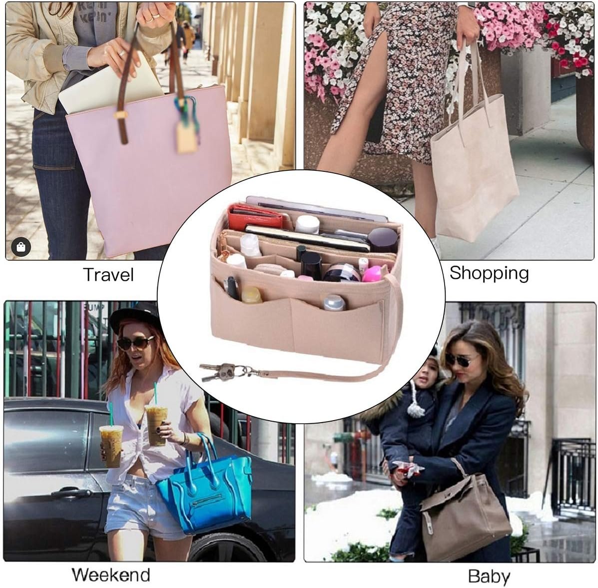 Custom Logo Purse Organizer Insert, Private Label Felt Bag Organizer with Metal Zipper, Handbag & Tote Shaper from Factory, 7 Sizes