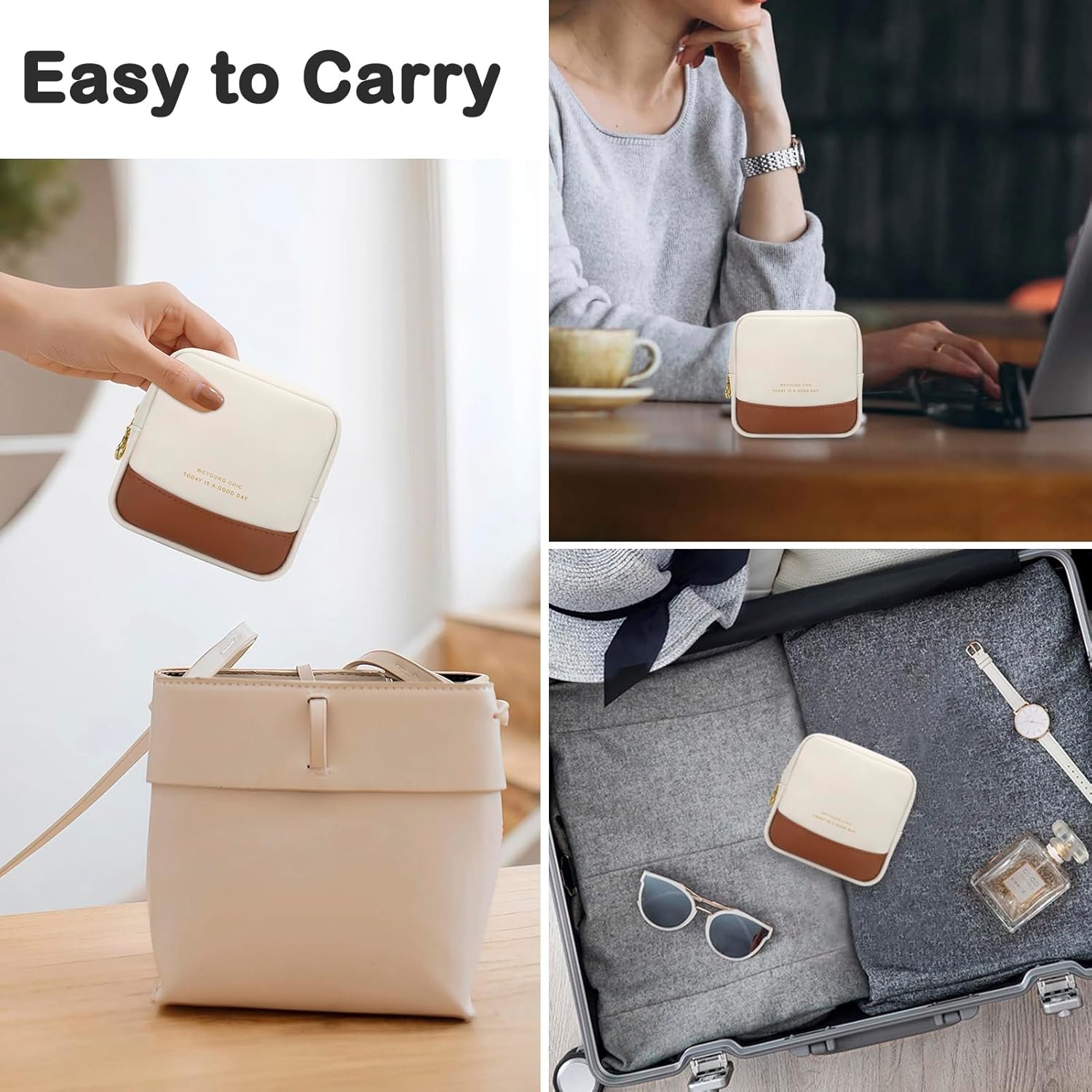 Custom Logo Small PU Leather Makeup Bag for Purse - Private Label Mini Travel Cosmetic Pouch Toiletry Organizer with Interior Pockets Zipper for Women Beige Manufacturer