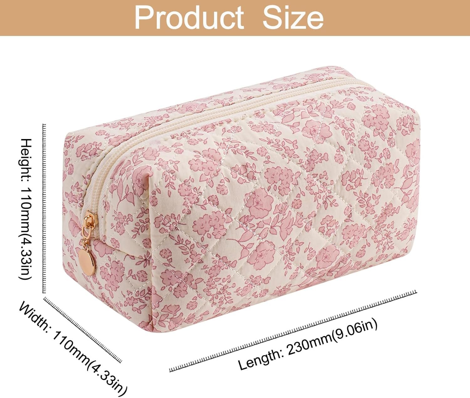 Private Label Cute Square Floral Cotton Makeup Cosmetic Bag for Women and Girls with Custom Logo Quilted Zipper Travel Organizer Kawaii Pink Floral Pouch Supplier