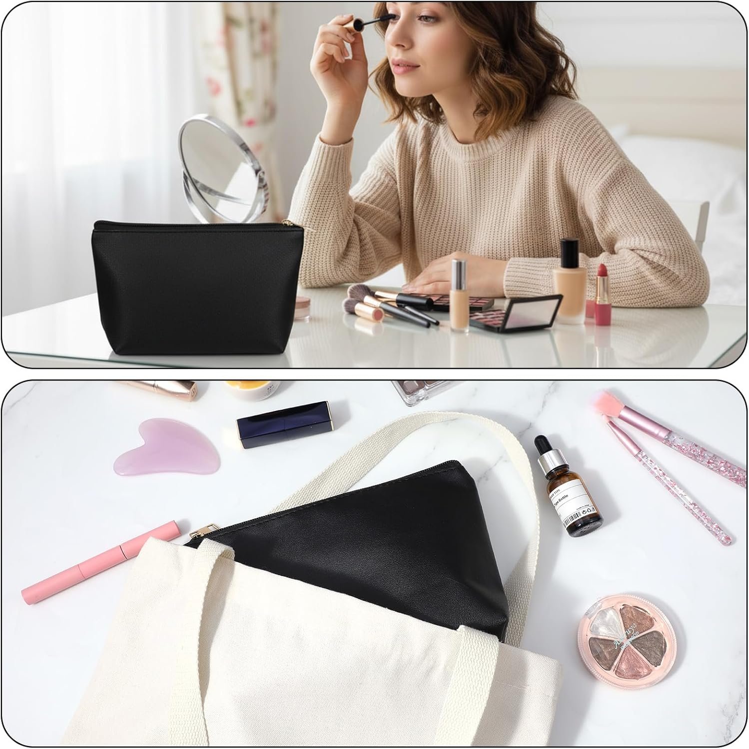 Custom Logo 2Pcs Black PU Leather Small Zipper Cosmetic Pouches Private Label Manufacturer Makeup Bags for Purse Travel Toiletry Storage