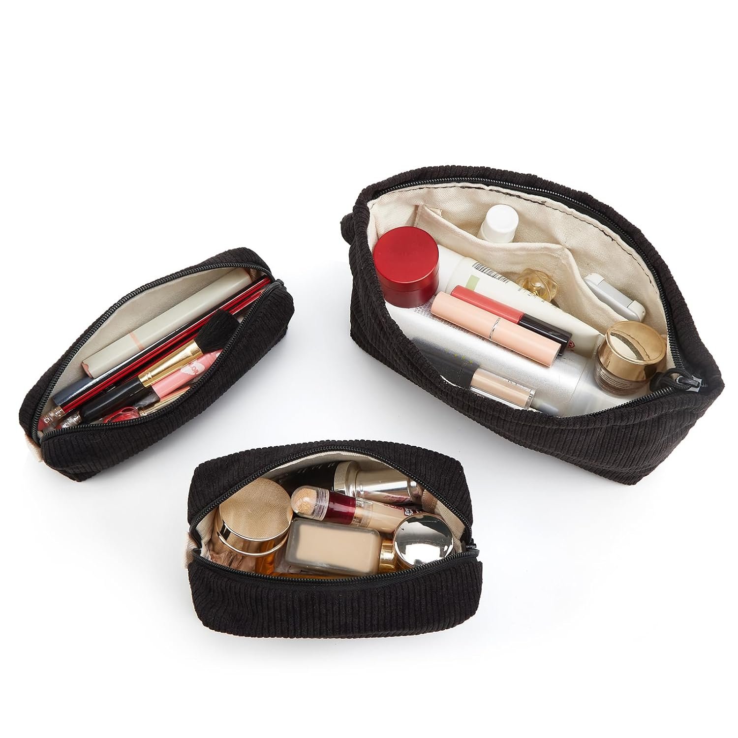 Private Label Small Corduroy Makeup Cosmetic Bag Set for Women Purse Organizer with Interior Pockets Custom Logo Cute Pencil Zipper Pouch Travel Toiletry Bag with Handle Black Manufacturer