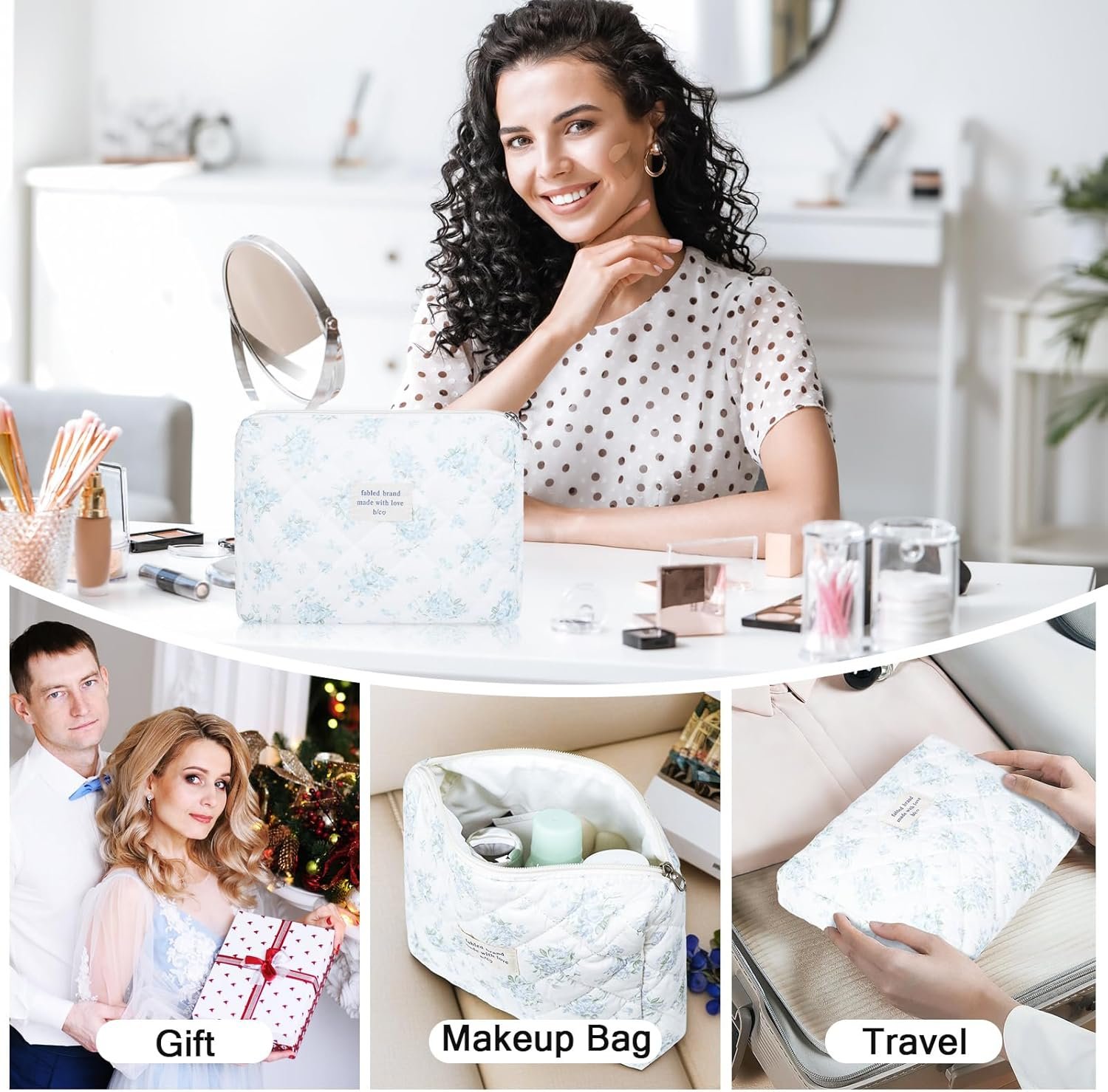 Private Label Large Floral Makeup Bag, Custom Logo Quilted Cotton Cosmetic Pouch for Women Girls, Flower Travel Toiletry Organizer Manufacturer Blue Rose