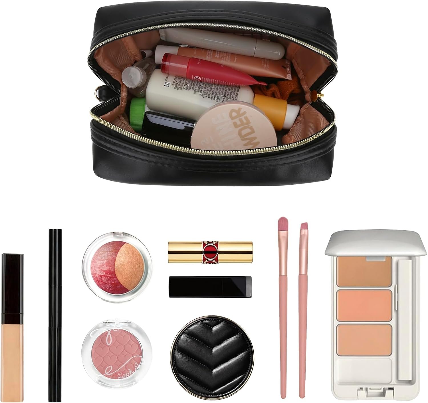 Manufacturer Small Makeup Bag Travel Cosmetic Toiletry Zipper Pouch Private Label Organizer with Handle Soft PU Leather Skincare Case Custom Logo for Women (Black)