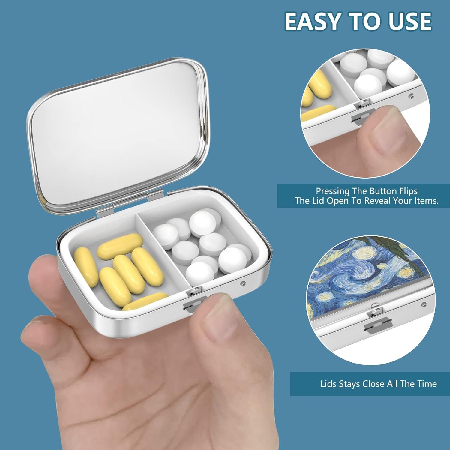 Private Label 2 Compartment Small Pill Box Custom Logo Portable for Pocket Purse Pill Organizer Factory Container for Vitamins Medication Fish Oil Supplements 2PCS