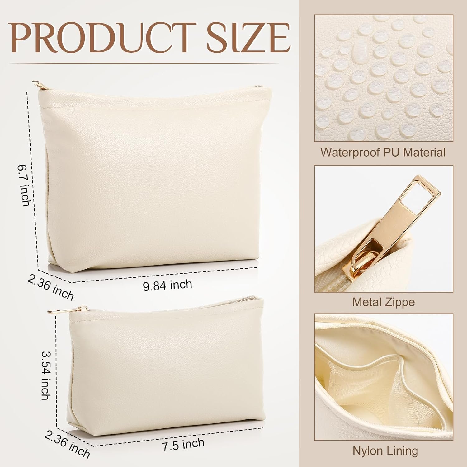 Private Label 2 Pcs Small PU Leather Makeup Bag Set for Purse Cosmetic Travel Toiletry Pouch Aesthetic Preppy Organizer Storage Supplier Custom Logo Valentine Women Gift Beige