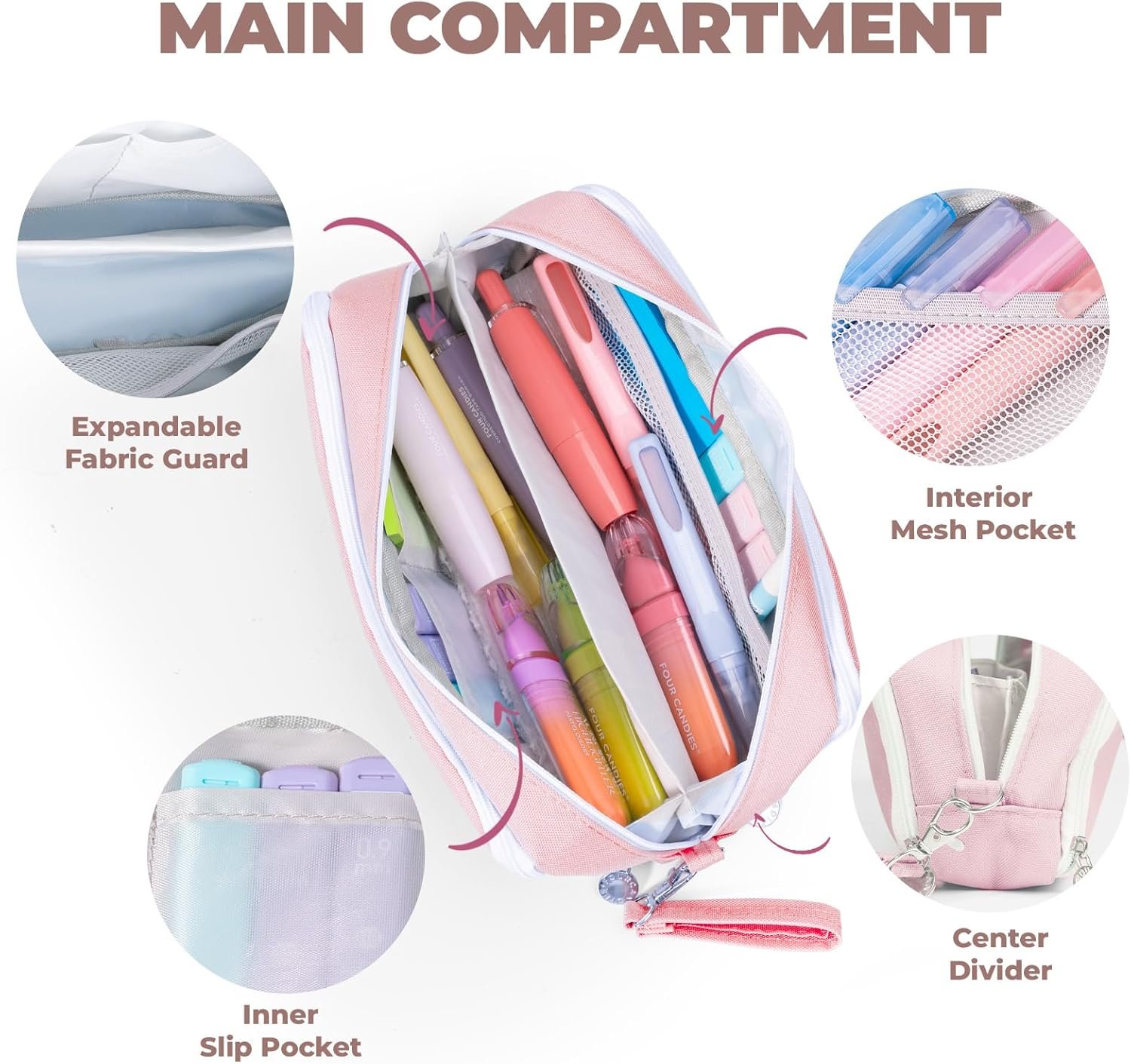 Private Label Large 3 Compartment Pink Pencil Case with Removable Handle and Zipper Custom Logo Big Stationery Organizer Pencil Pouch for Markers Office College Manufacturer