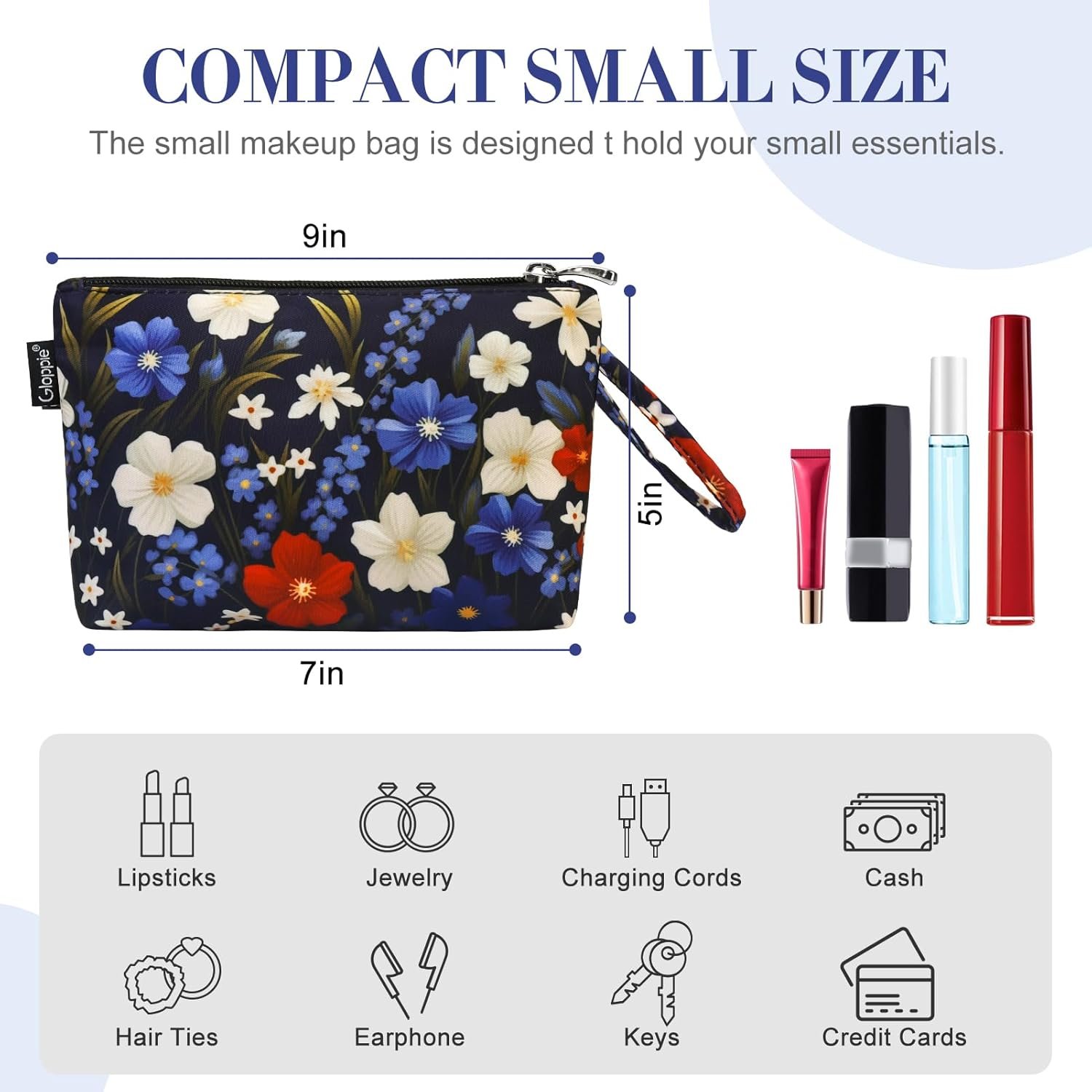 Custom Logo Small Makeup Bag for Purse Lightweight Floral Cosmetic Pouch Private Label Blue Red Flower Manufacturer for Women