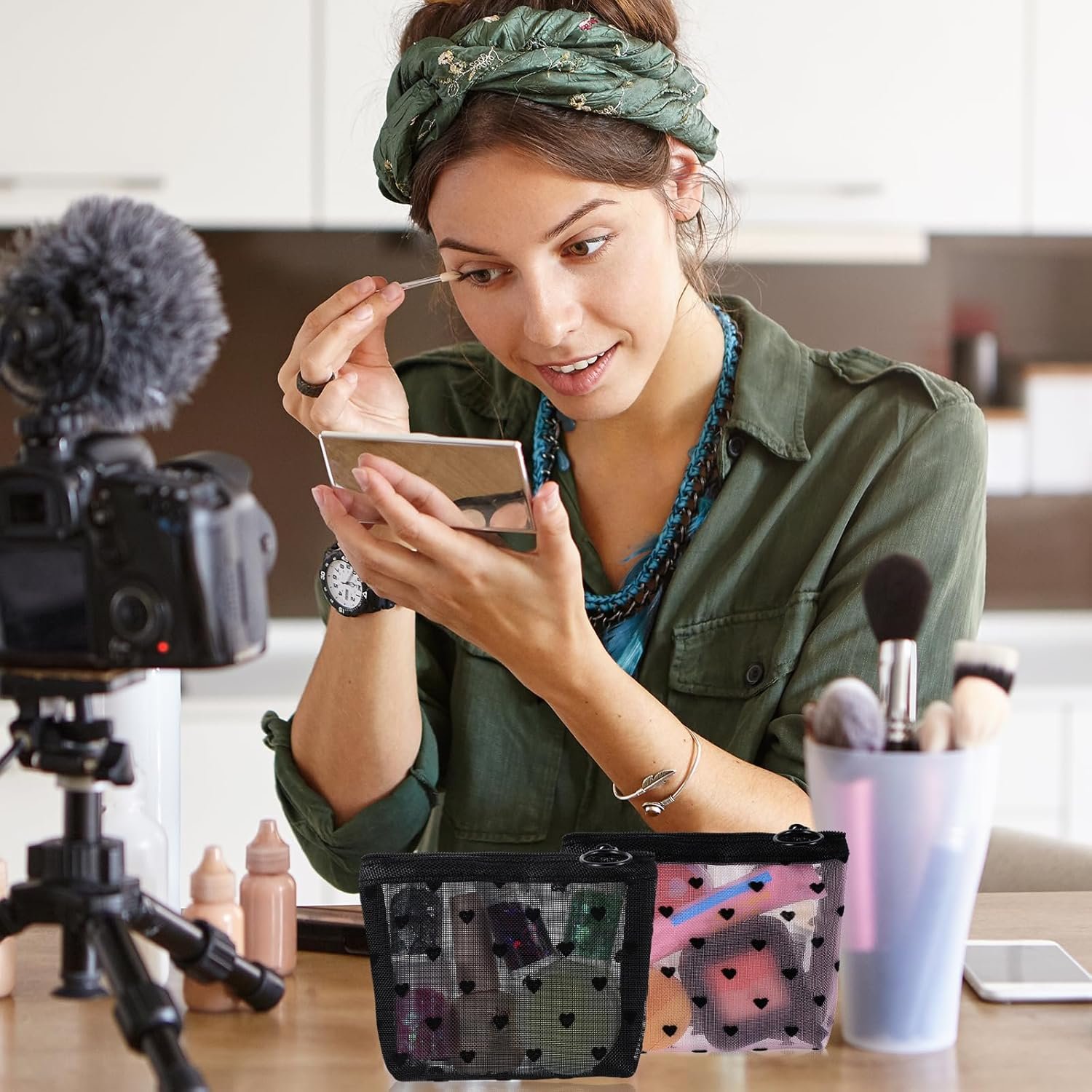 Factory 4pcs Heart Print Mini Mesh Zipper Pouches Private Label Grid Cosmetic Bags Custom Logo Small Makeup Storage for Travel Pink Beige Black White