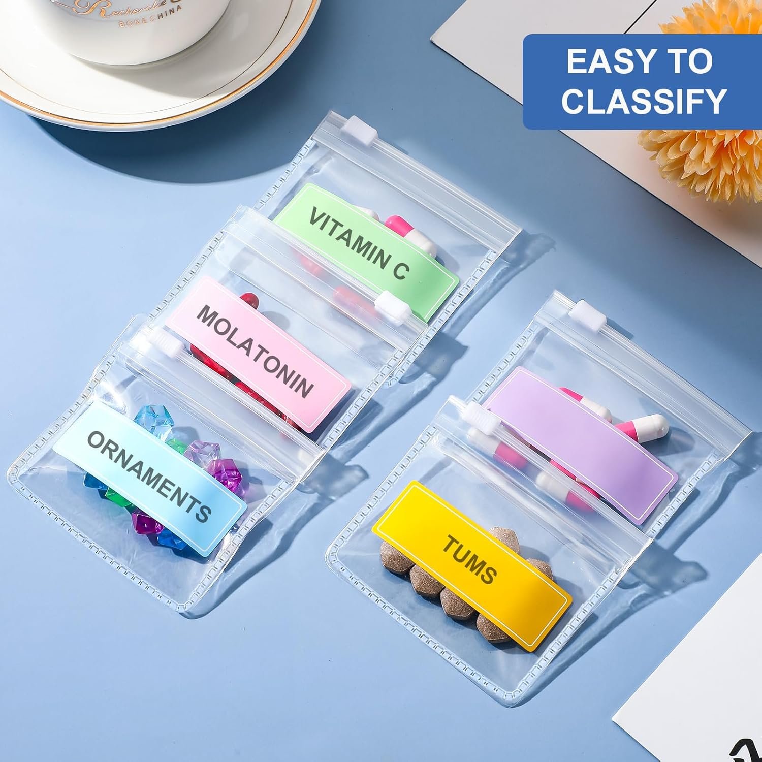 Custom Logo 26 Pcs Reusable Clear Zippered Pill Pouches Transparent PVC Toiletry Carry Pouch 180 Pcs Waterproof Labels Stickers Supplier Private Label Travel Organizer Storage with Slide Lock for Small Items