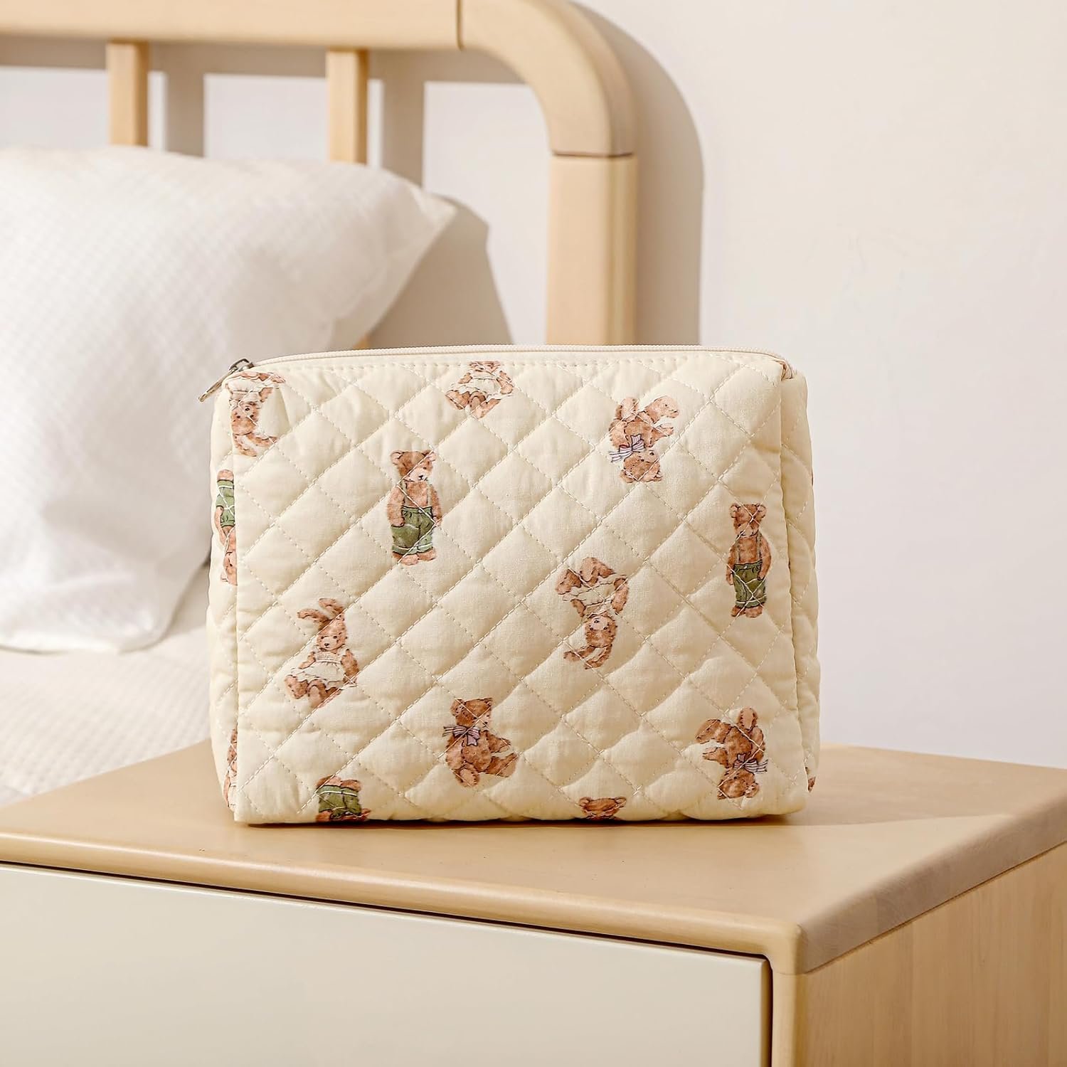 Custom Logo Quilted Cotton Makeup Bag 2Pcs, Private Label Large Soft Floral Coquette Cosmetic Travel Toiletry Bag Manufacturer for Women and Girls