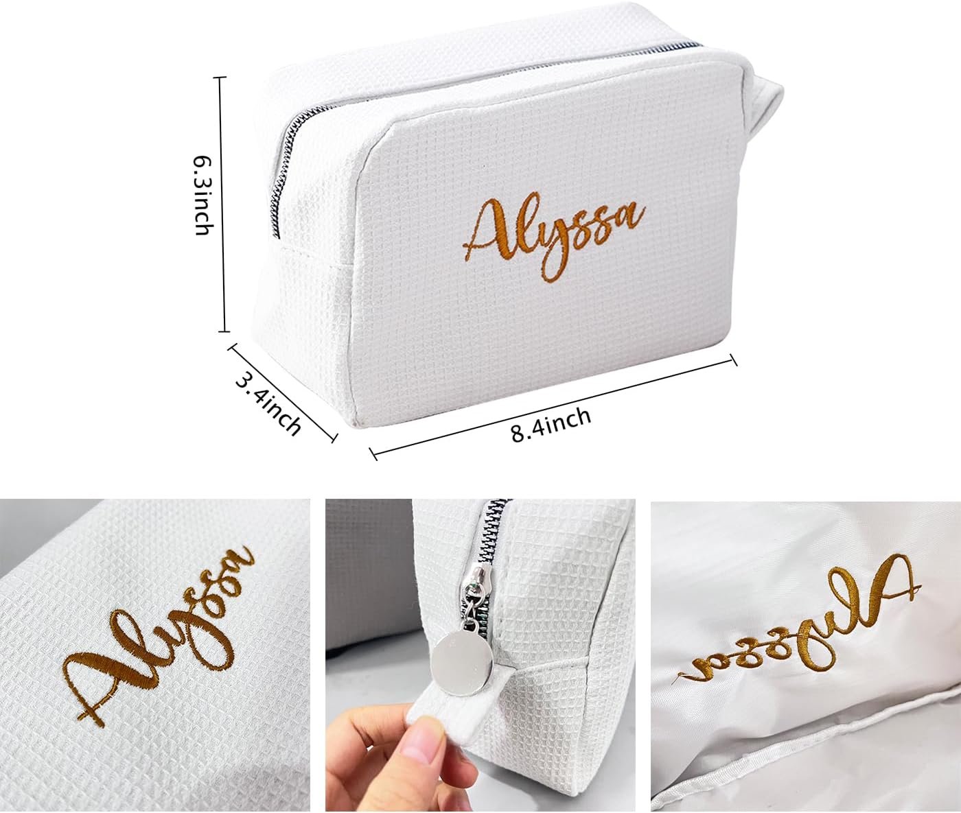 Private Label Embroidered Makeup Bag, Custom Logo Personalized Waffle Fabric Cosmetic Pouch for Women Travel, Manufacturer (6, White)