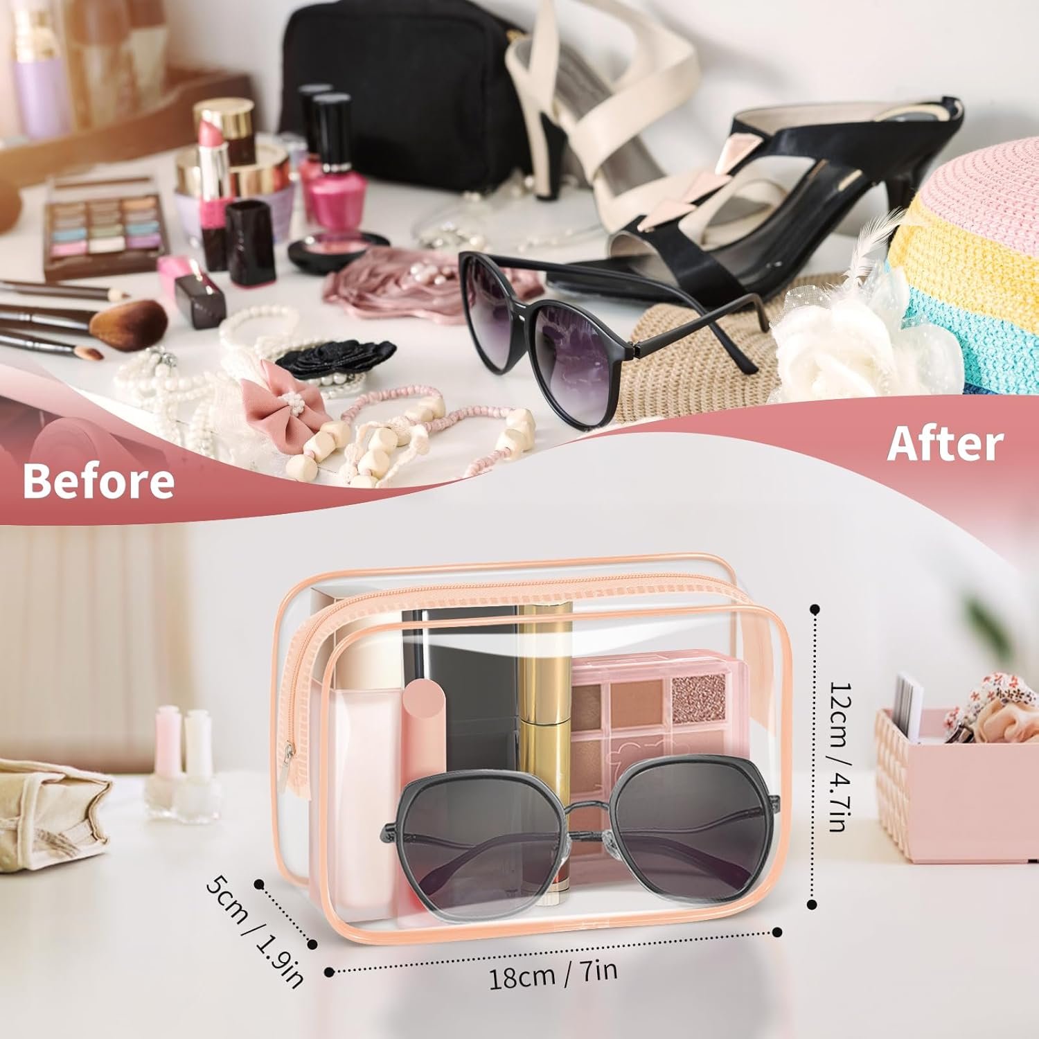 Private Label 12 PCS Custom Logo Clear Makeup Bags with Zipper for Women TSA Approved Toiletry Pouches Bulk Cosmetic for Travel Organizer Orange-pink Medium Supplier