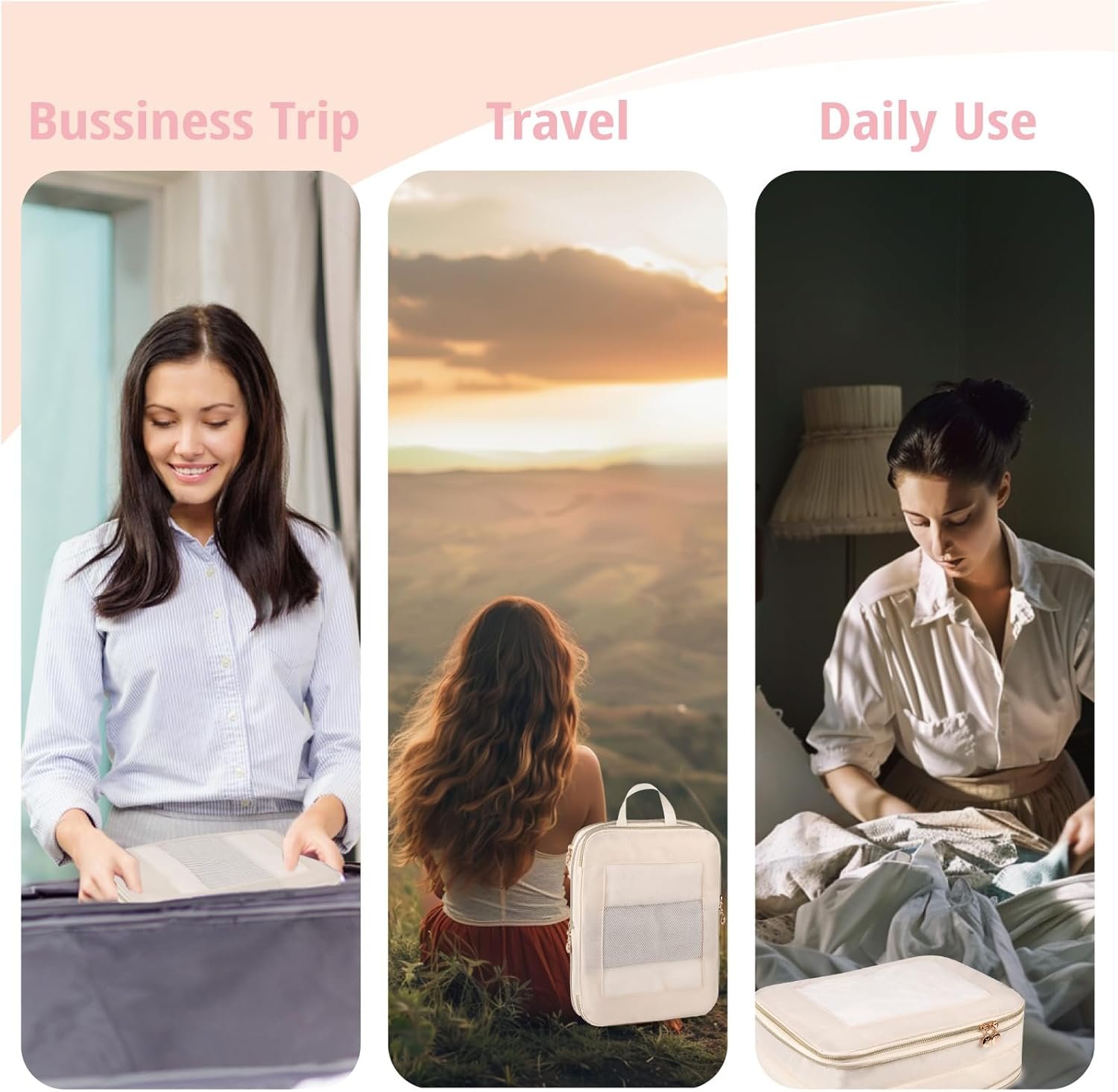 Private Label Expandable Double-Sided Compression Packing Cubes 3-Piece Set Lightweight Double Deck Organizer Bags for Carry-On Luggage Backpacks Suitcases Custom Logo Women Travel Accessories for Separating Clean and Dirty Clothes Manufacturer