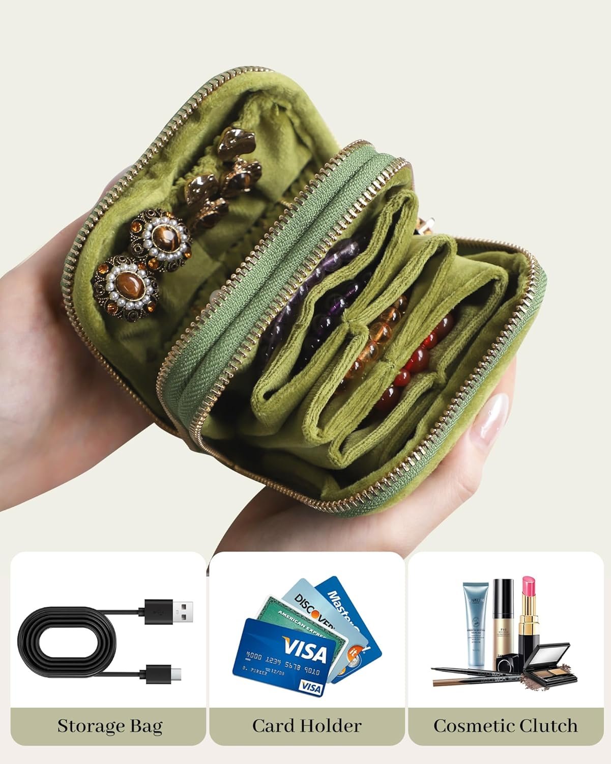 Private Label Compact Travel Jewelry Organizer Storage Case Manufacturer for Rings Earrings Necklace Bracelets Portable Velvet Pouch with Double Zippers Accessories Travel Essential Custom Logo Gift for Women Green