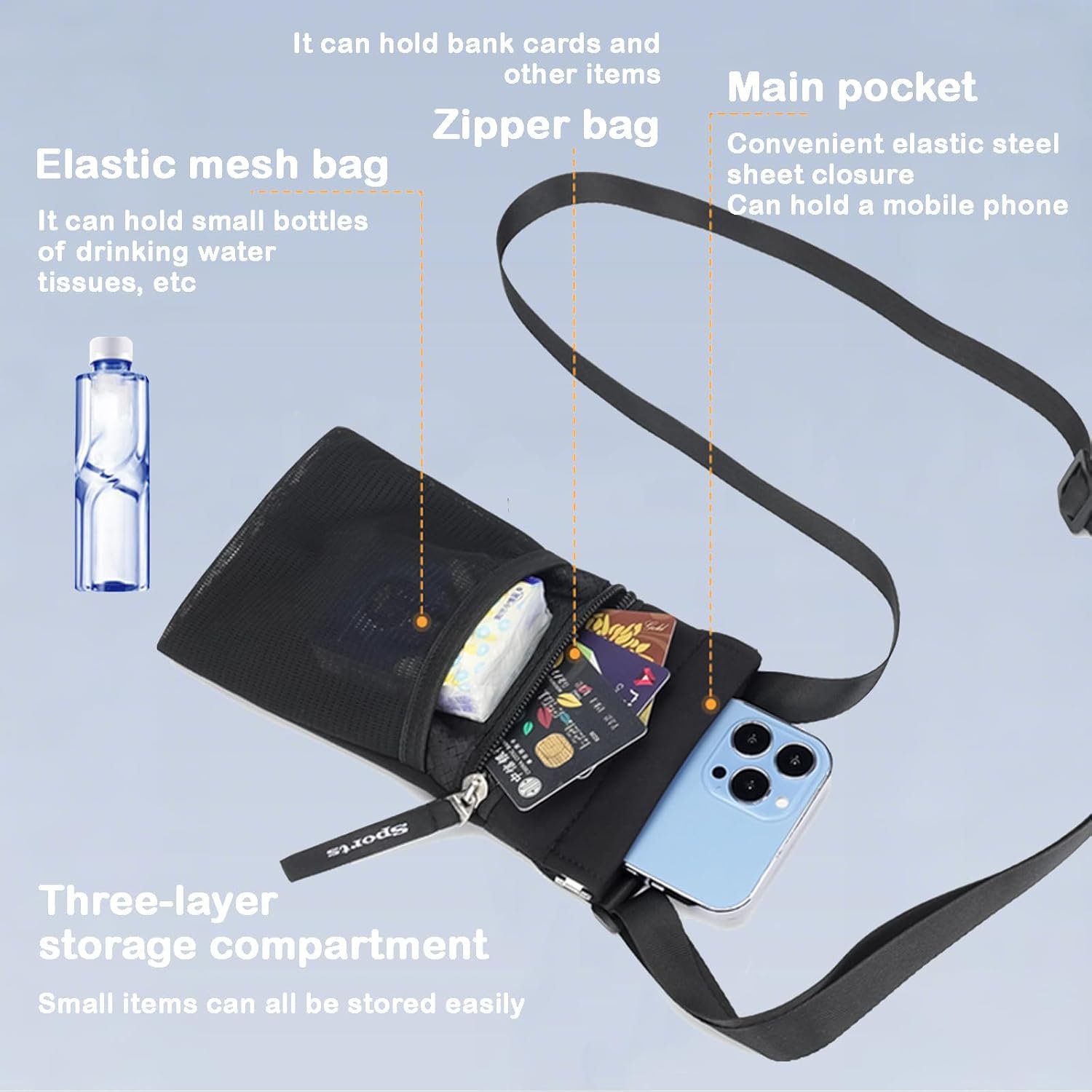 Private Label Crossbody Phone Purse with Water Bottle Holder Multi-Function Cell Phone Pouch Zipper Mesh Pockets Custom Logo Phone Holder for iPhone 17/16/15/14/13 Pro Max Plus Samsung Galaxy Black Manufacturer