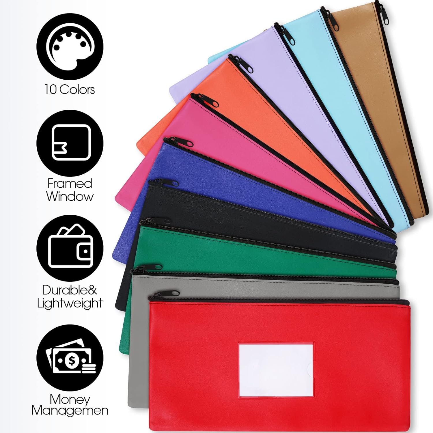 Private Label 30 Pieces 11 x 6 Inch Zipper Security Bank Deposit Bags Clear Window Leatherette Cash Coin Pouches Multicolor Manufacturer Custom Logo