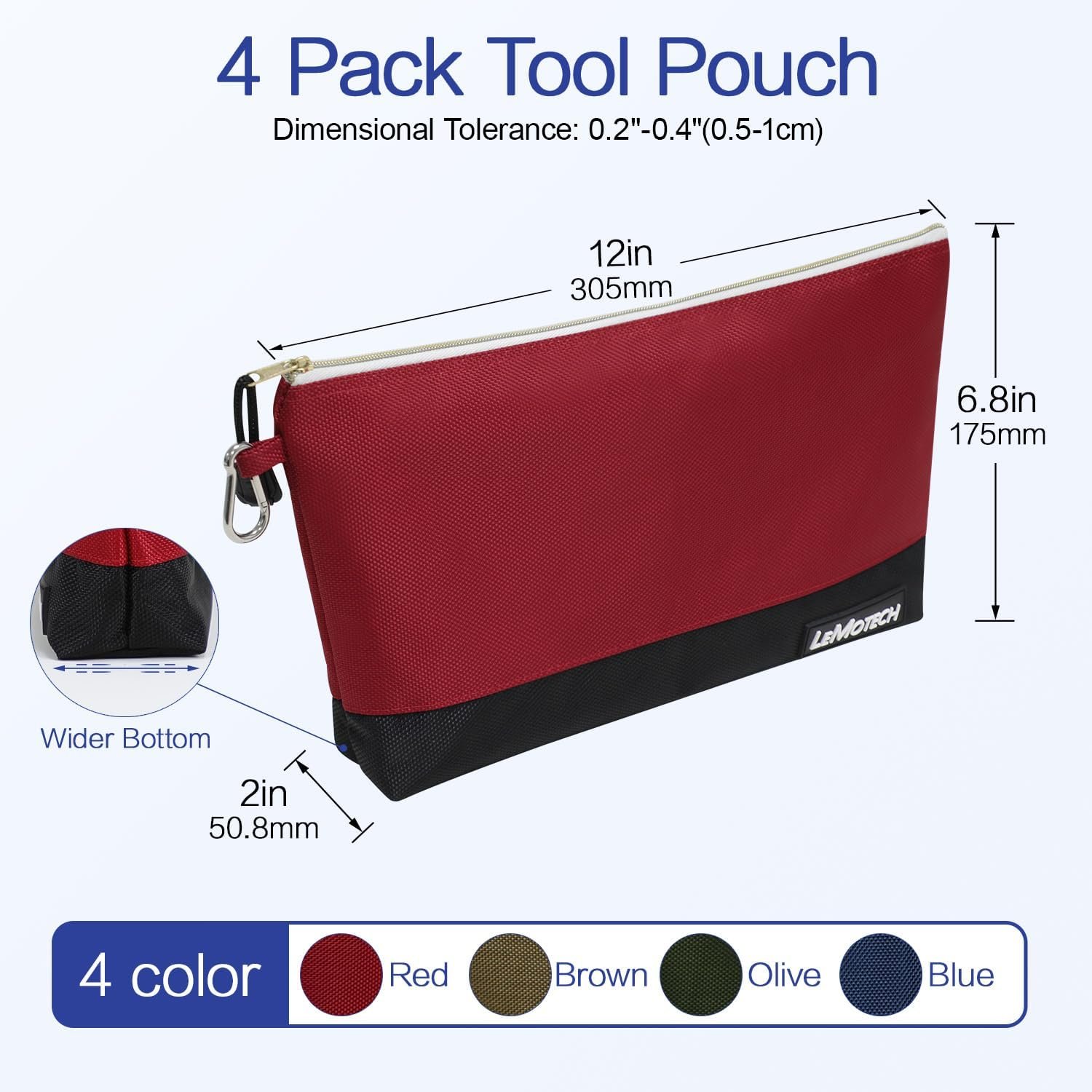 Private Label Stand-Up Zipper Tool Bag with Carabiners, Custom Logo Water Resistant Utility Pouch, 12x6.8-Inch Red/Brown/Blue/Olive 4 Pack Manufacturer