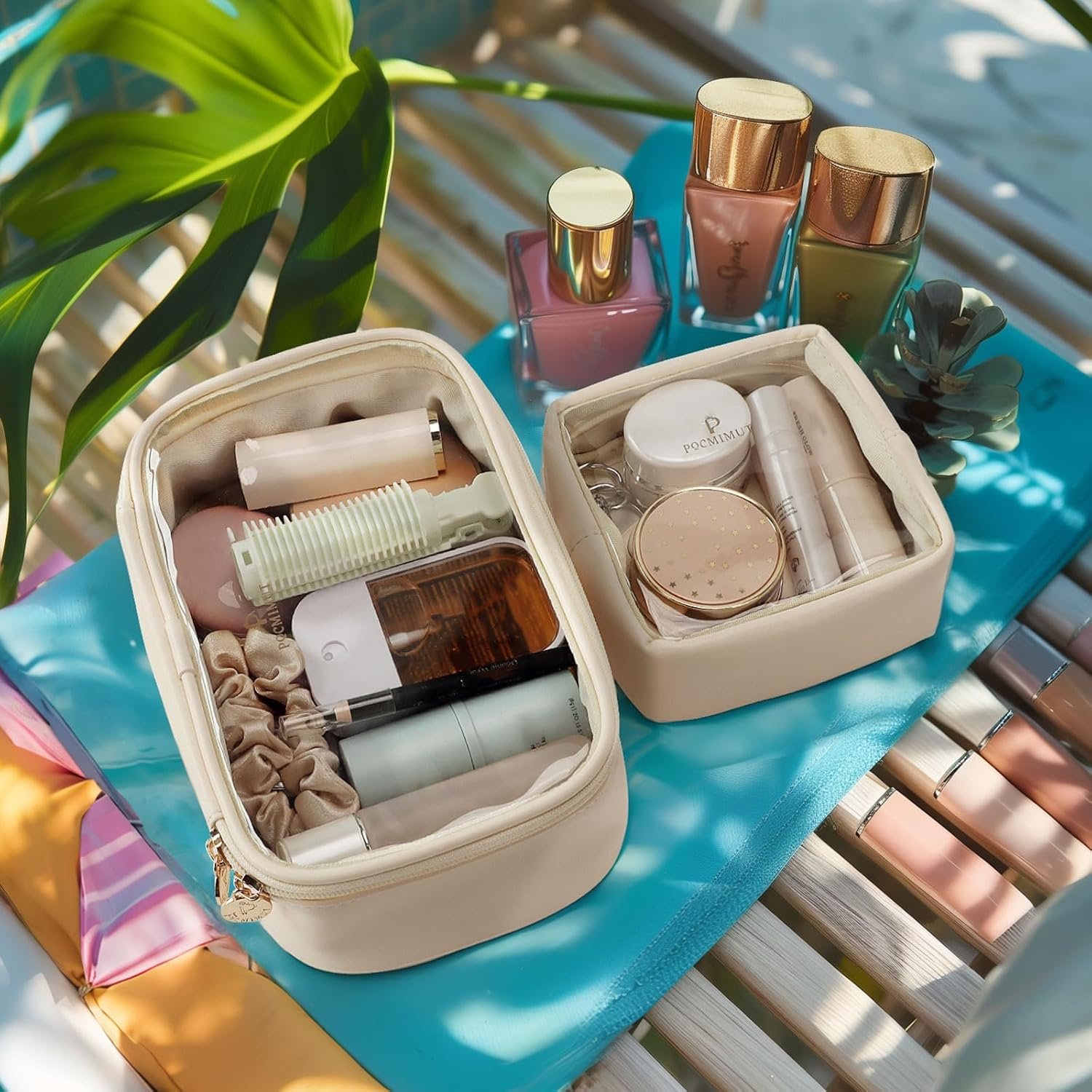 Factory Mini Makeup Bag Private Label Small Cosmetic Travel Essentials Organizer TSA Approved Toiletry Bag Clear Makeup Pouch for Women Beige Custom Logo