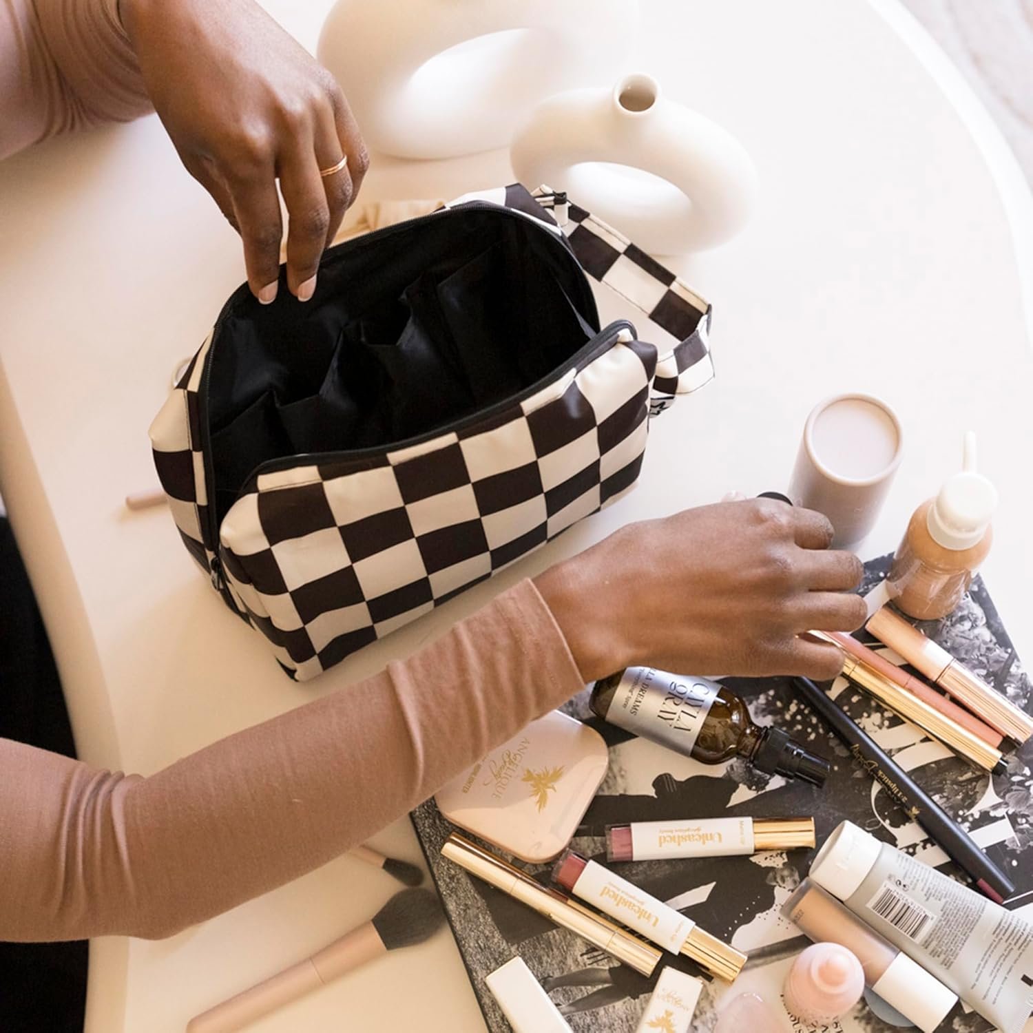 Custom Logo Waterproof Travel Toiletry & Makeup Bag Organizer | Private Label Pouch with Multiple Compartments & Snap Handle for Travel | Manufacturer Gift for Teen Girls and Women Black Checkers