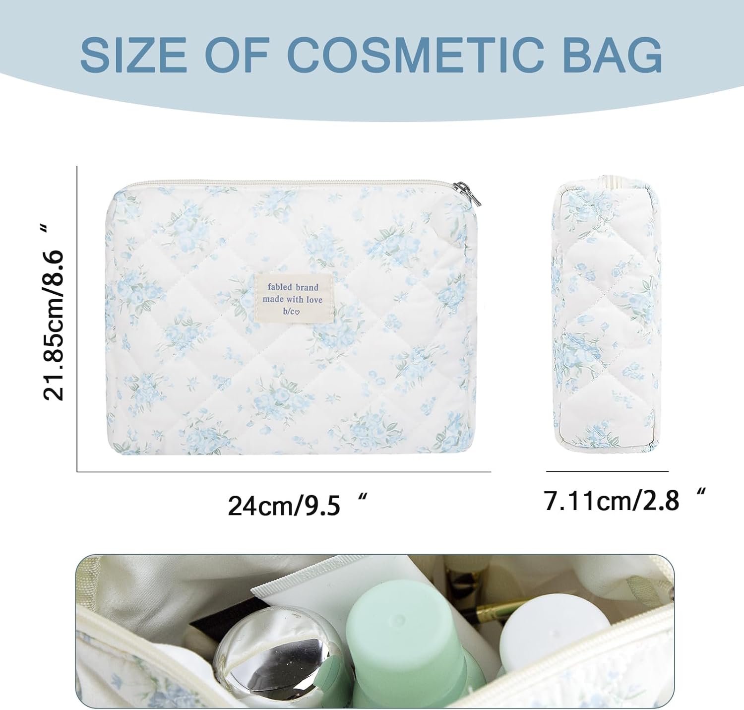 Private Label Large Floral Makeup Bag, Custom Logo Quilted Cotton Cosmetic Pouch for Women Girls, Flower Travel Toiletry Organizer Manufacturer Blue Rose