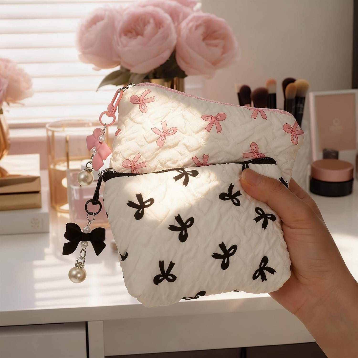 Private Label Small Makeup Bag for Handbag 5.51 x 3.94 Inches Cute Cosmetic Zipper Pouch Mini Wallet with Custom Logo Pleated Embossed Texture Pink & Black Manufacturer