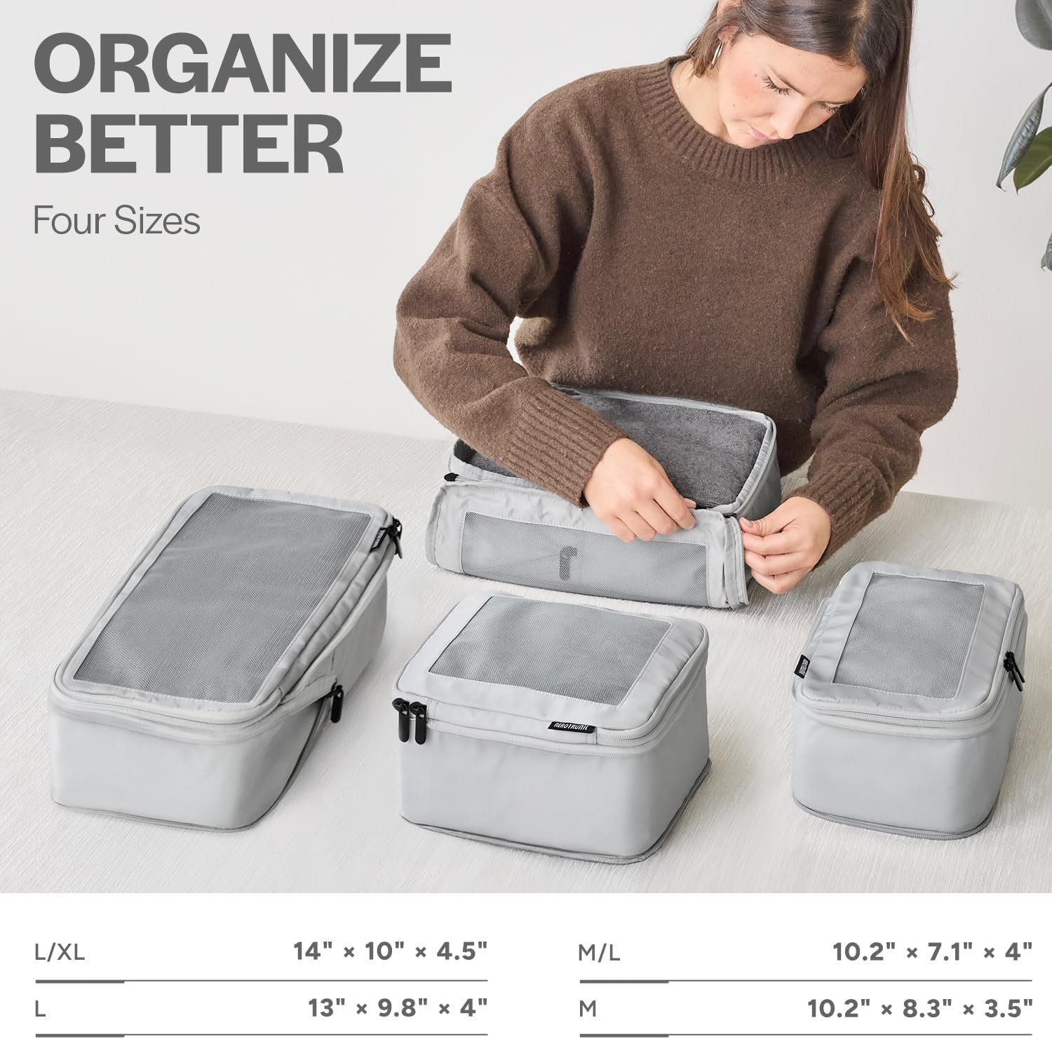 Factory Compression Packing Cubes for Travel - Custom Logo Luggage Organizer Bags - Private Label Double Zipper Suitcase Packing Cubes 4-Pack Light Grey