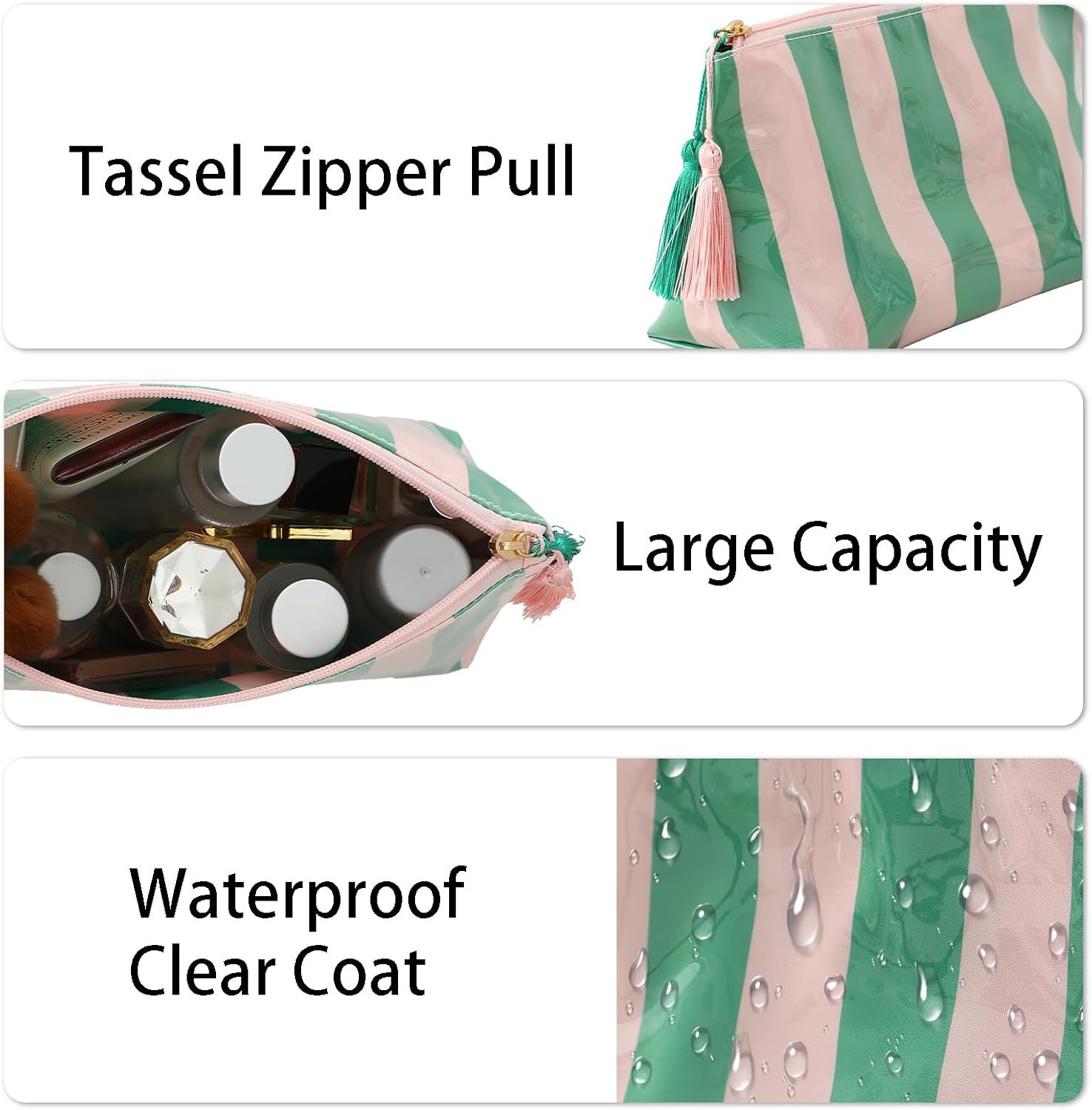 Private Label Small Clear Coated Waterproof Makeup Cosmetic Bags with Custom Logo for Women Girls Travel Purse Organizer Zipper Pouch Beach Vacation Essentials, Manufacturer Pink-Green