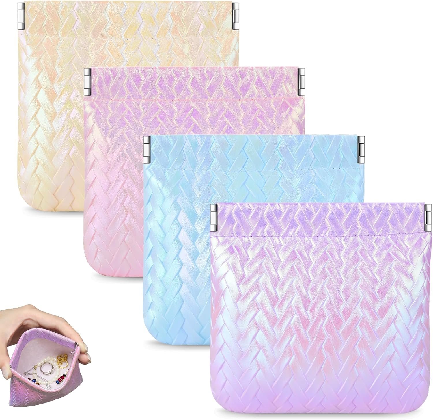 Custom Logo 4-Piece Holographic Small Makeup Bag Mini Cosmetic Pouch for Women, Private Label No Zipper Self-Closing Travel Organizer Coin Purse for Lipstick Cosmetics Jewelry Cards Coins, Waterproof Faux Leather Factory