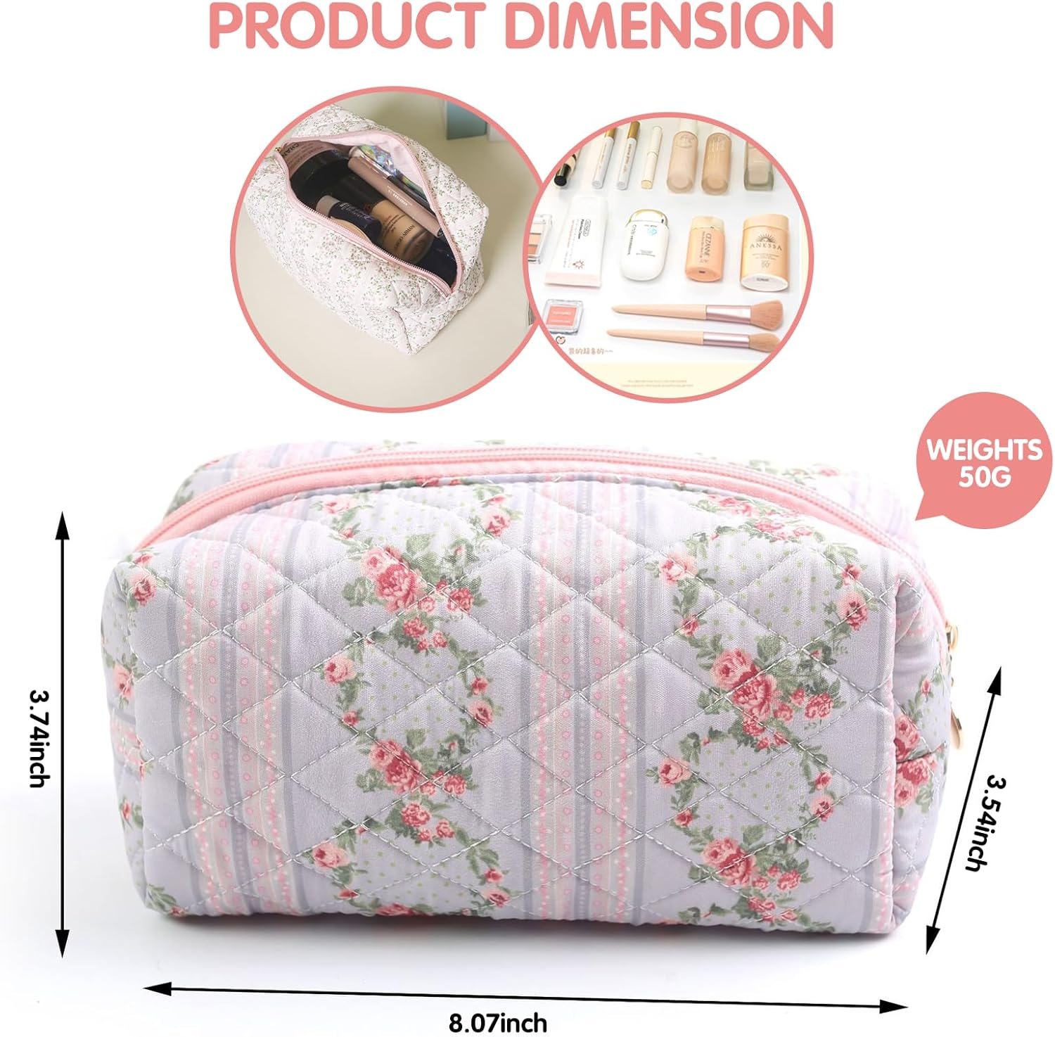 Private Label Floral Quilted Makeup Toiletry Bag with Zipper, Custom Logo Cosmetic Pouch for Daily Travel Skincare, Manufacturer Multipurpose Organizer (Blossom Blush Pink)