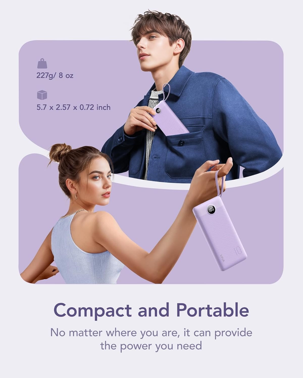 Custom Logo 10000mAh Portable Charger Power Bank Private Label Slim Travel Essentials Battery Pack 5 Outputs 2 Inputs Built-in Cables for iPhone 17/16/15/14/13 Samsung Android Lavender 1 Pack from Manufacturer