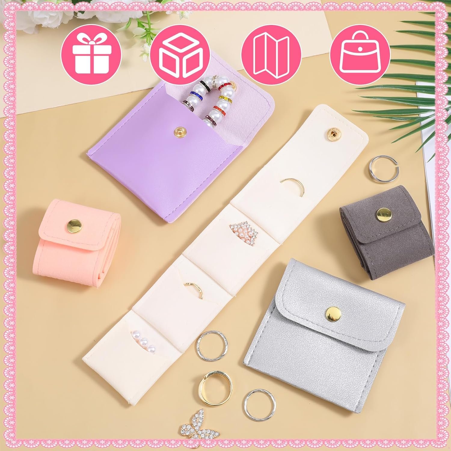 Custom Logo 5 PCS 2 Middle + 3 Small Foldable Mini Travel Jewelry Pouches Private Label Multifunctional Cases for Necklaces Earrings Rings Bracelets Manufacturer