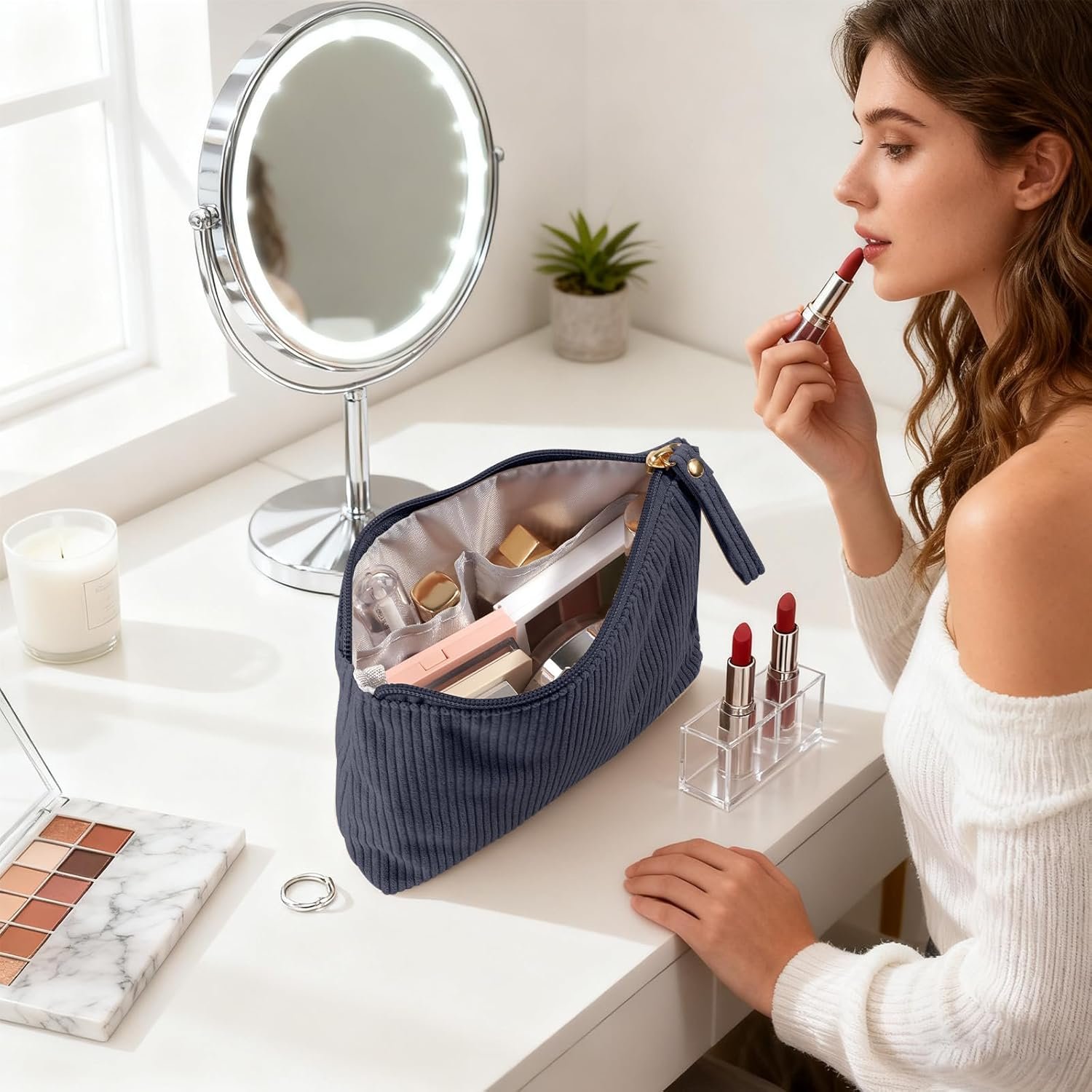 Custom Logo Small Corduroy Makeup Bag, Private Label Cosmetic Pouches for Purse Keys Lipstick Cards Data Cable Organizer Supplier (Grey,Small)