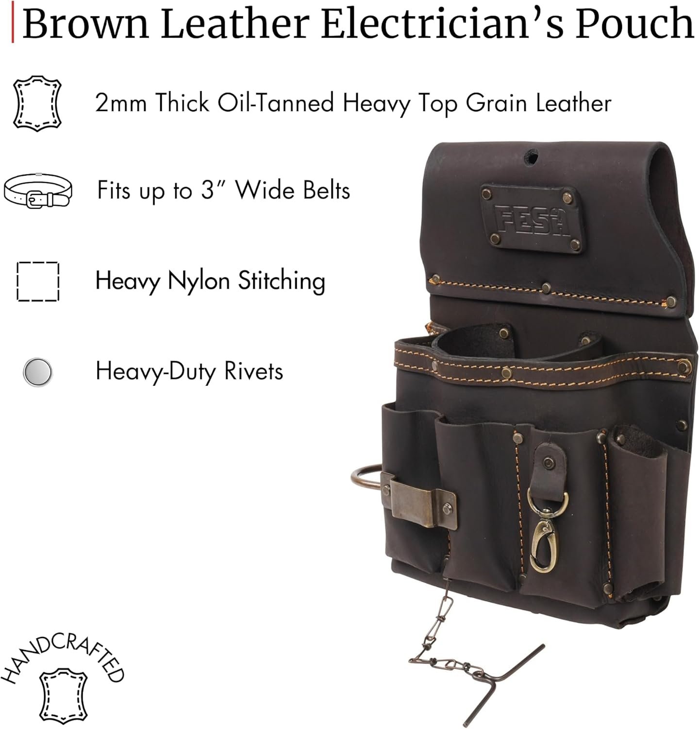Private Label 13-in-1 Top Grain Leather Electrician Tool Pouch w/Steel Hammer Loop Tape Measure Clip Tape T-Chain 6 Pockets Custom Logo Fits Belts up to 3