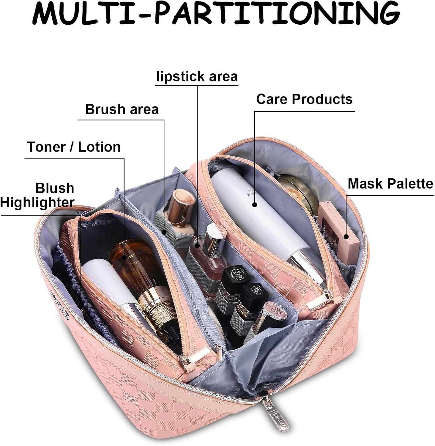 Custom Logo Travel Makeup Bag Organizer 3 Pcs Set - Private Label Waterproof Vegan Leather Cosmetic Toiletry Bags for Women with Handle Compartments Factory (01-D-Pink)