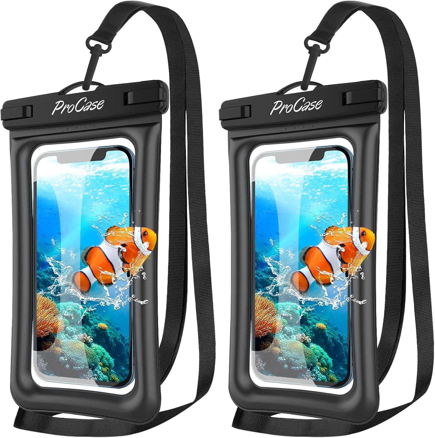 Private Label 2 Pack Floating Waterproof Phone Pouch IPX8 Universal Dry Bag with Custom Logo Fits iPhone 17/16/15/14/13 Series Galaxy S24/S23/S22 Pixel 8/7 (Up to 7”) Touchscreen Underwater Snow Protection Manufacturer Black