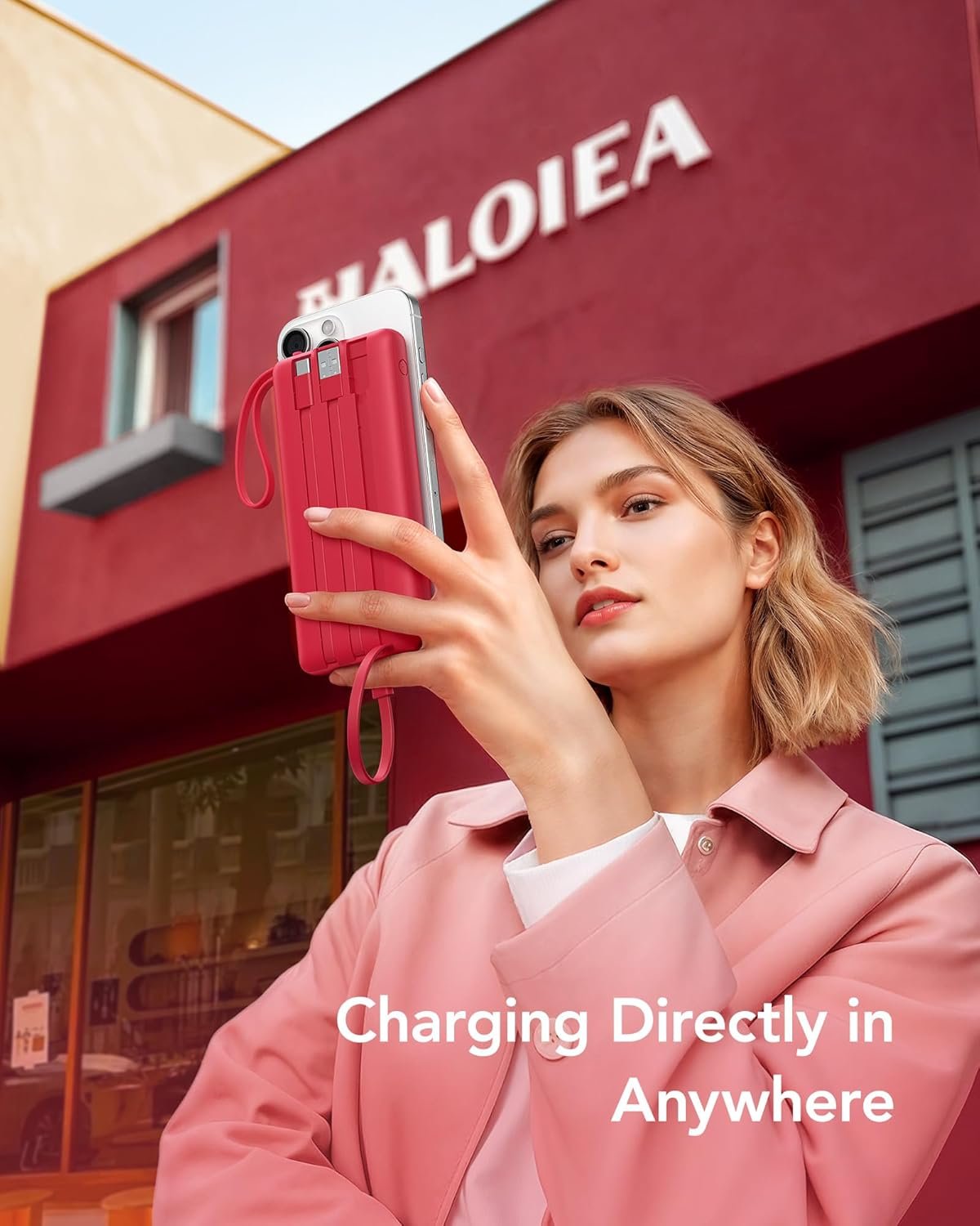 Private Label 10000mAh Portable Charger Manufacturer Power Bank Built-in Cables Slim Compact Travel Essential 5 Outputs 2 Inputs USB C Battery Pack for iPhone 17 16 15 14 13 Samsung Android Custom Logo -Magenta