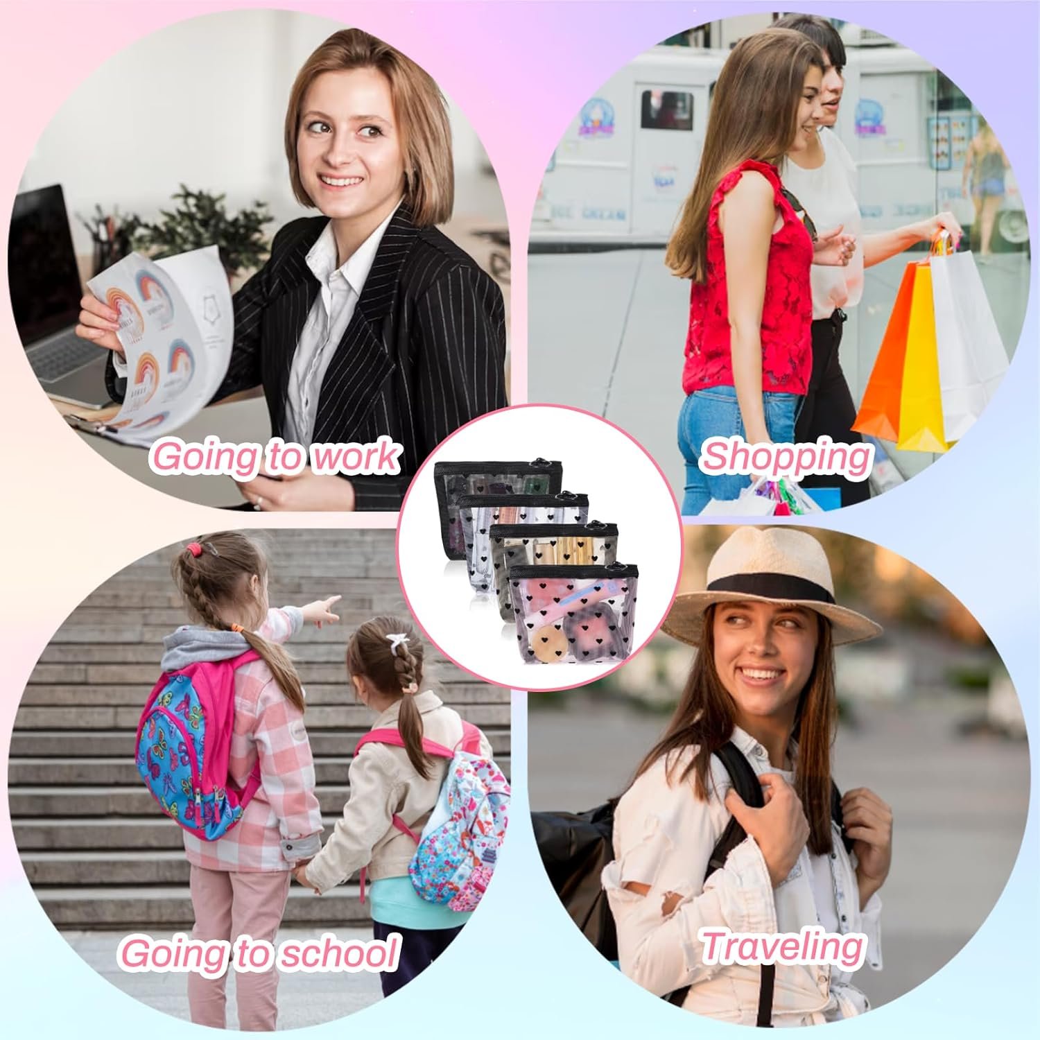 Factory 4pcs Heart Print Mini Mesh Zipper Pouches Private Label Grid Cosmetic Bags Custom Logo Small Makeup Storage for Travel Pink Beige Black White