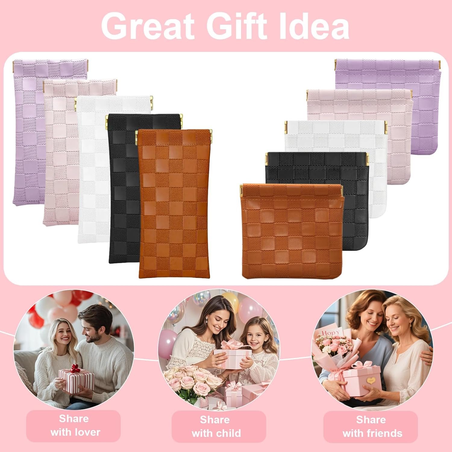 Private Label 4Pcs Small Checkered Leather Makeup Bags for Purse, Custom Logo Mini Purse Pouches and Coin Purse Organizers Manufacturer, Portable No Zipper Cosmetic Bags for Women (Pink, Purple)