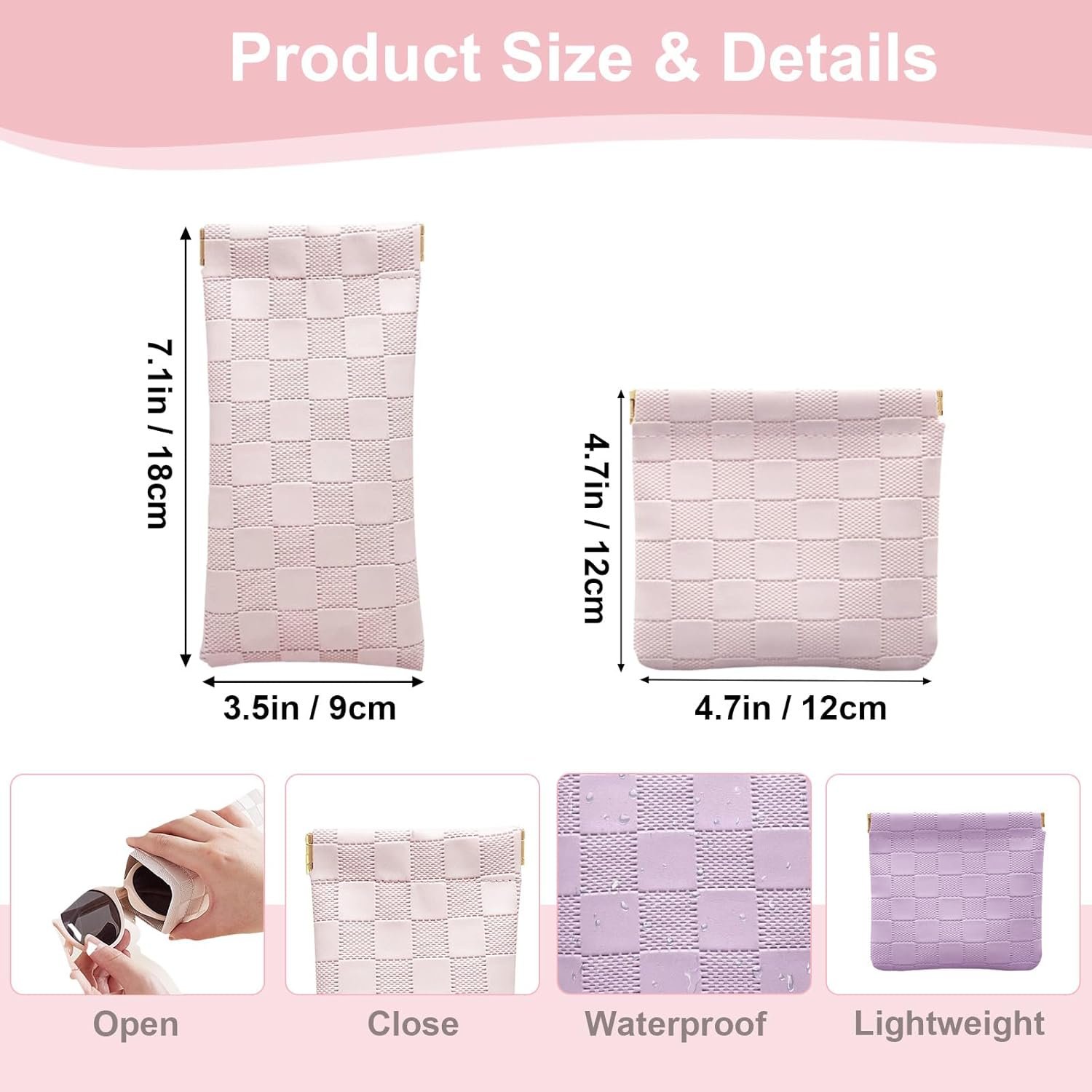 Private Label 4Pcs Small Checkered Leather Makeup Bags for Purse, Custom Logo Mini Purse Pouches and Coin Purse Organizers Manufacturer, Portable No Zipper Cosmetic Bags for Women (Pink, Purple)
