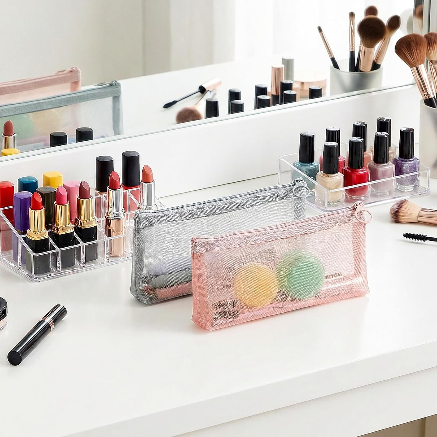 Custom Logo 4PCS Small Clear Triangle Mesh Makeup Brush Bags, Private Label Portable Transparent Cosmetic Organizer Pouch with Zipper for Home Office Cosmetics Travel Accessories Supplier