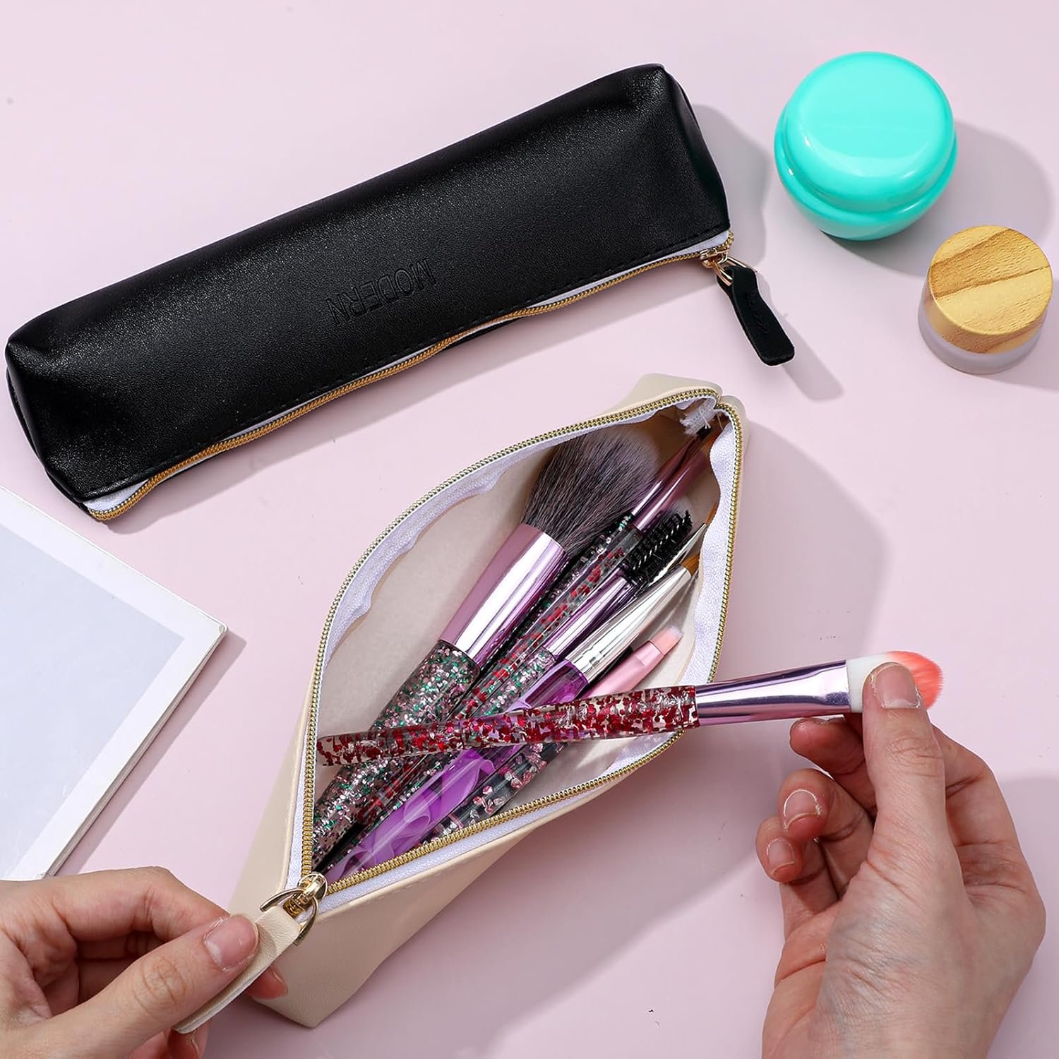 Private Label 2 Pcs Mini Makeup Bags for Purse Small Leather Pouch with Zipper Custom Logo Travel Cosmetic Coin Purse Lipstick Accessories Storage for Women (Black, Beige) Manufacturer