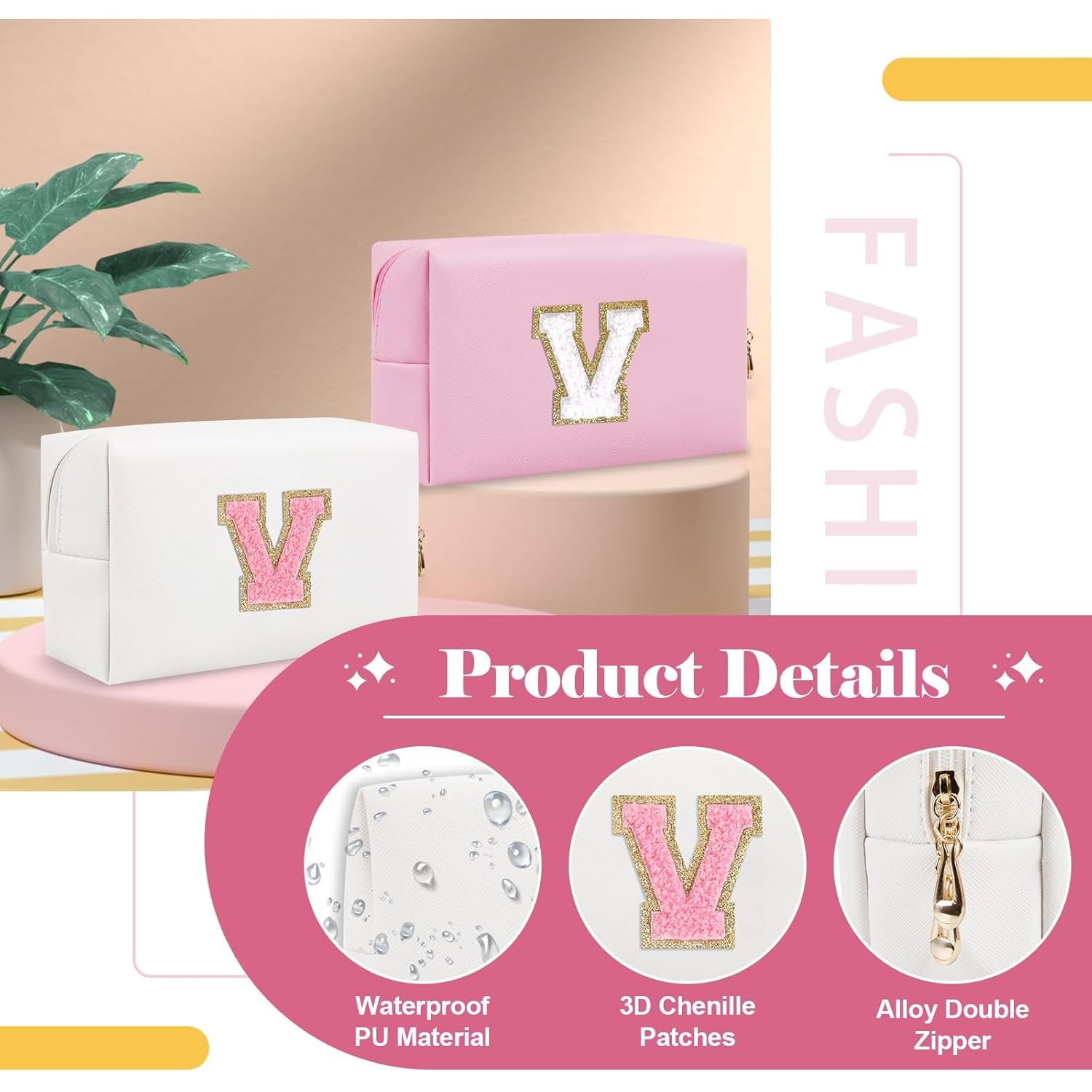 Private Label Personalized Initial A-Z Letter V Preppy Patch Makeup Bag with Custom Logo Small PU Leather Zipper Travel Cosmetic Pouch White Toiletry Manufacturer