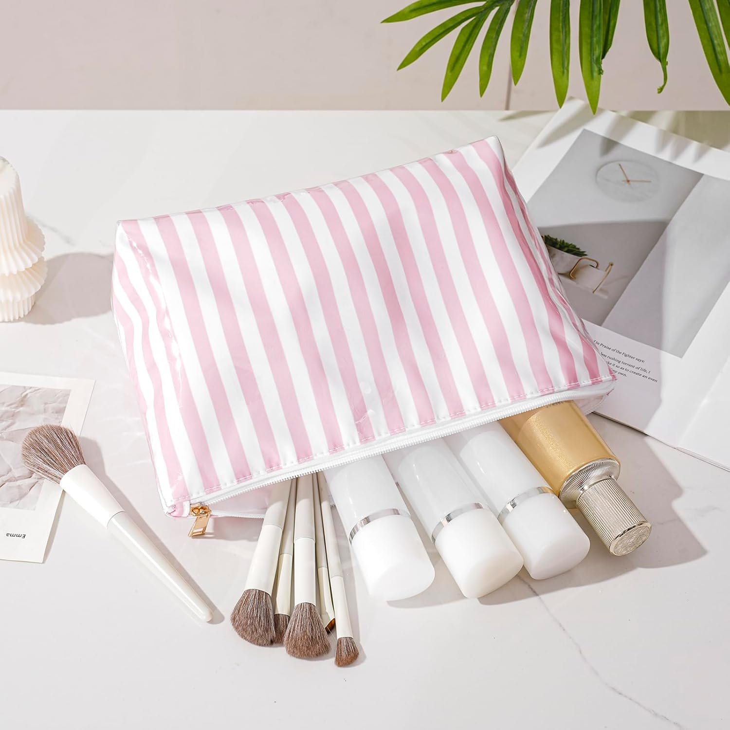 Private Label Large PVC Waterproof Striped Makeup Bag Custom Logo Clear Coated Cosmetic Organizer Easy Clean Zipper Pouch Beach Vacation Essentials Manufacturer Pink Stripe for Women Girls