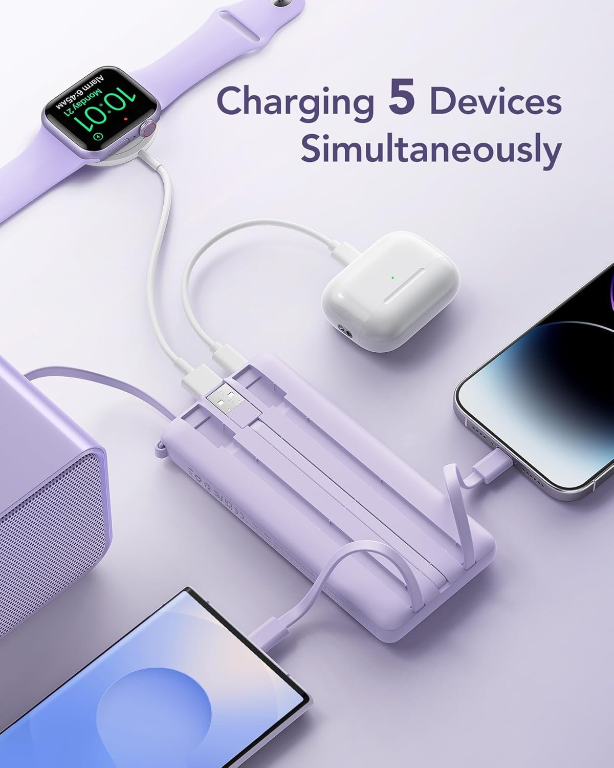 Custom Logo 10000mAh Portable Charger Power Bank Private Label Slim Travel Essentials Battery Pack 5 Outputs 2 Inputs Built-in Cables for iPhone 17/16/15/14/13 Samsung Android Lavender 1 Pack from Manufacturer
