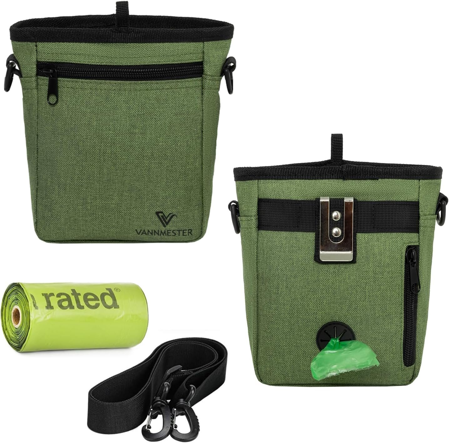 Private Label 4 Cup Dog Treat Pouch with Stronger Magnetic Closure Front Pocket Fits All Phones Custom Logo Built-in Poop Bag Dispenser Manufacturer (Green)