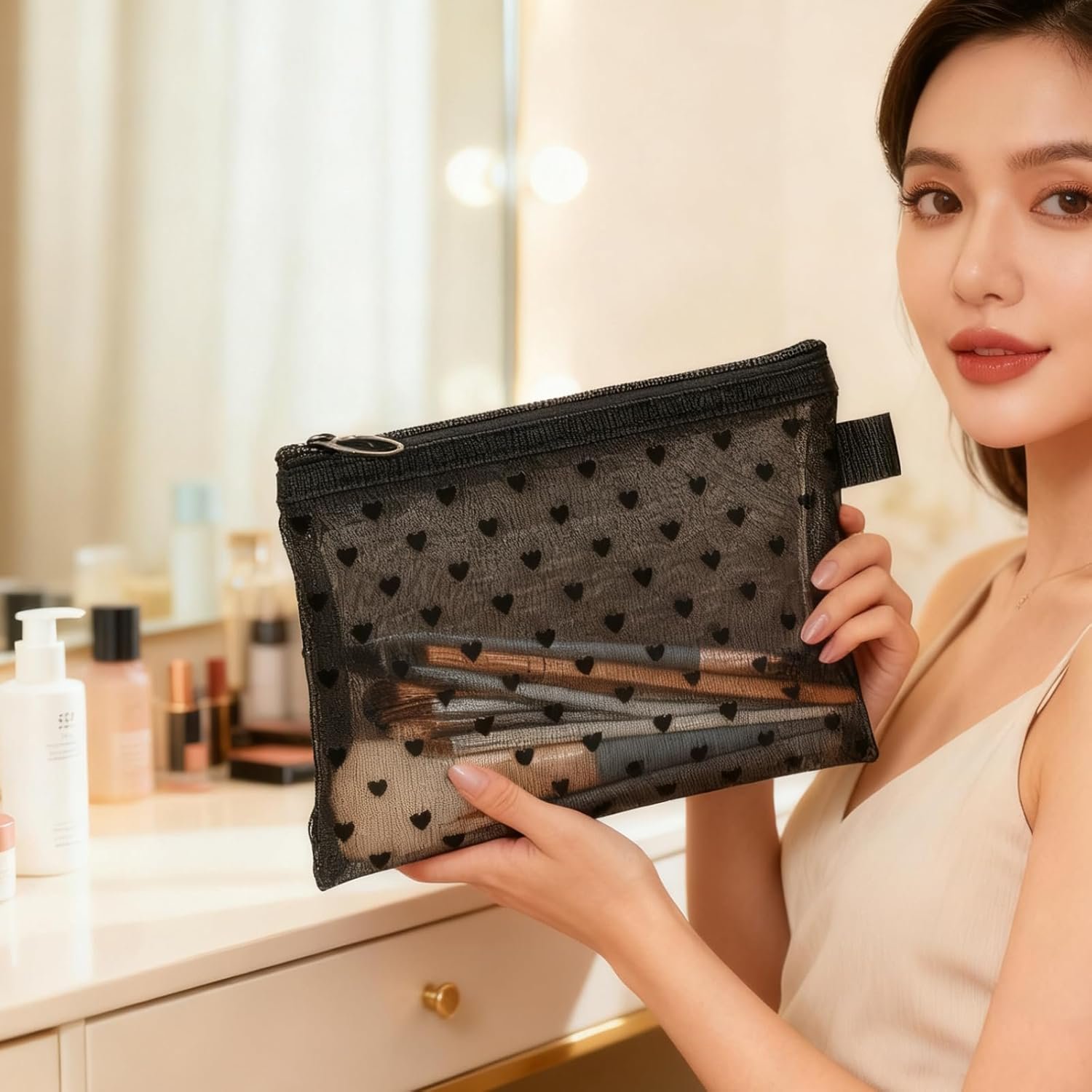 Custom Logo 6-Piece Heart Printed Mesh Makeup Bag Set - Private Label Small Pouches for Purse - Black Makeup Bag Manufacturer